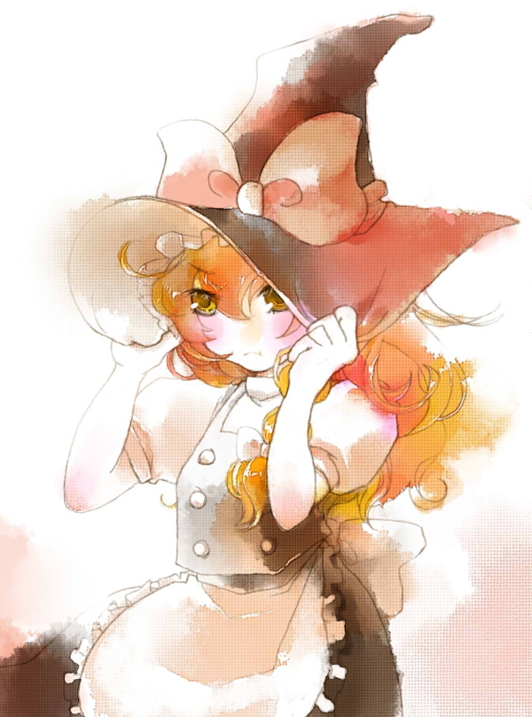 12-gatsu (kirin), kirin of december, kirisame marisa, touhou, bad id, bad pixiv id, 1girl, blonde hair, braid, embarrassed, female focus, hand on headwear, hat, pout, solo, witch, witch hat, yellow eyes