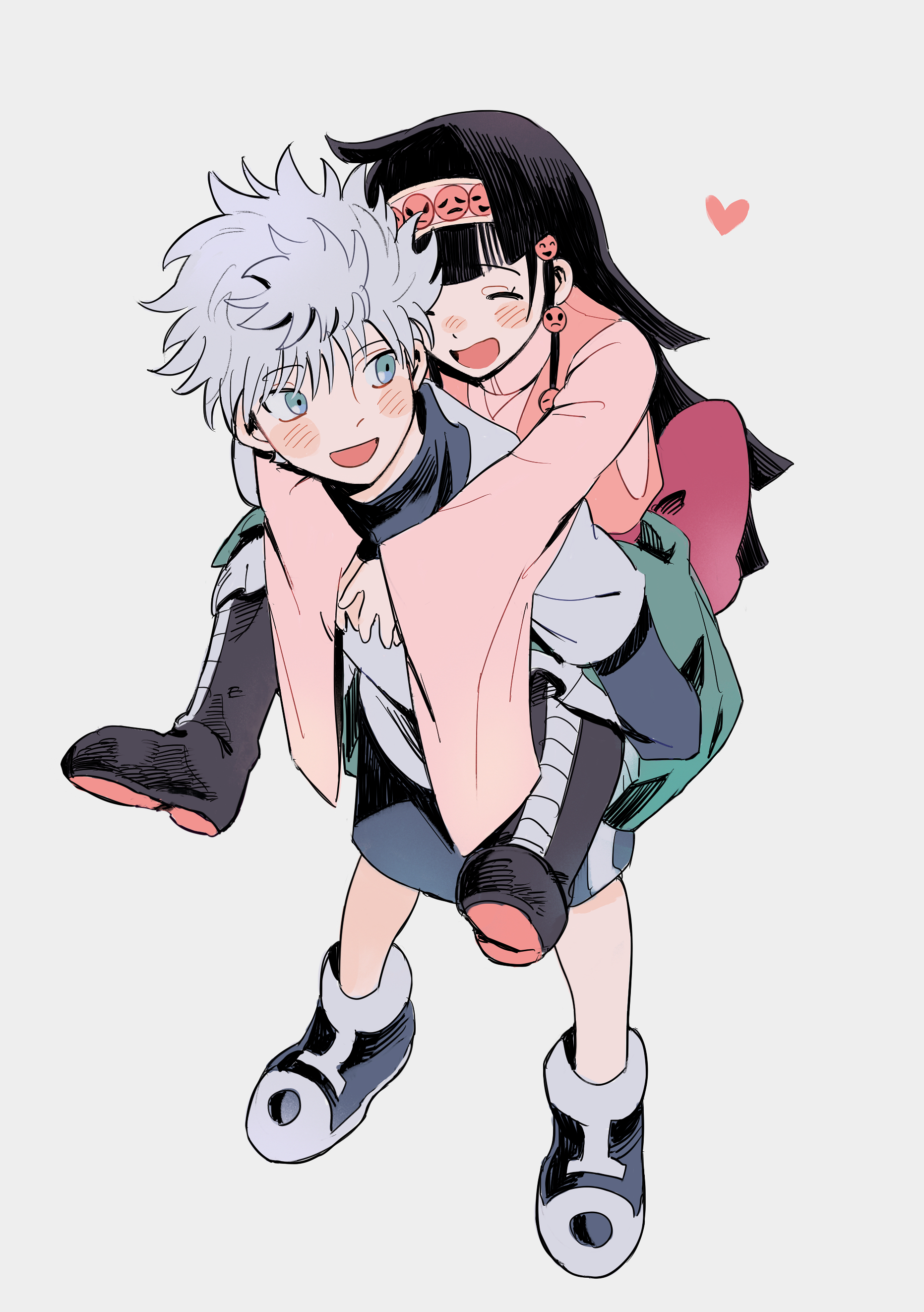 zumu (quw87), alluka zoldyck, killua zoldyck, hunter x hunter, absurdres, highres, 2boys, blue eyes, blunt ends, blush stickers, brother and sister, closed eyes, full body, hug, long hair, male focus, messy hair, multiple boys, short hair, siblings, simple background, white background, white hair, wide sleeves