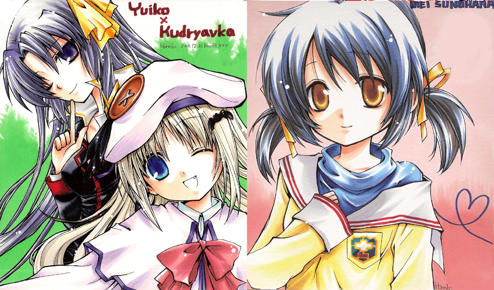 hirako, kurugaya yuiko, noumi kudryavka, sunohara mei, clannad, key (company), little busters!, bad id, bad pixiv id, 00s, black hair, blonde hair, blue eyes, blue hair, brown eyes, company connection, fang, hat, long hair, oversized clothes, purple eyes, school uniform, shirt slip, twintails, wink
