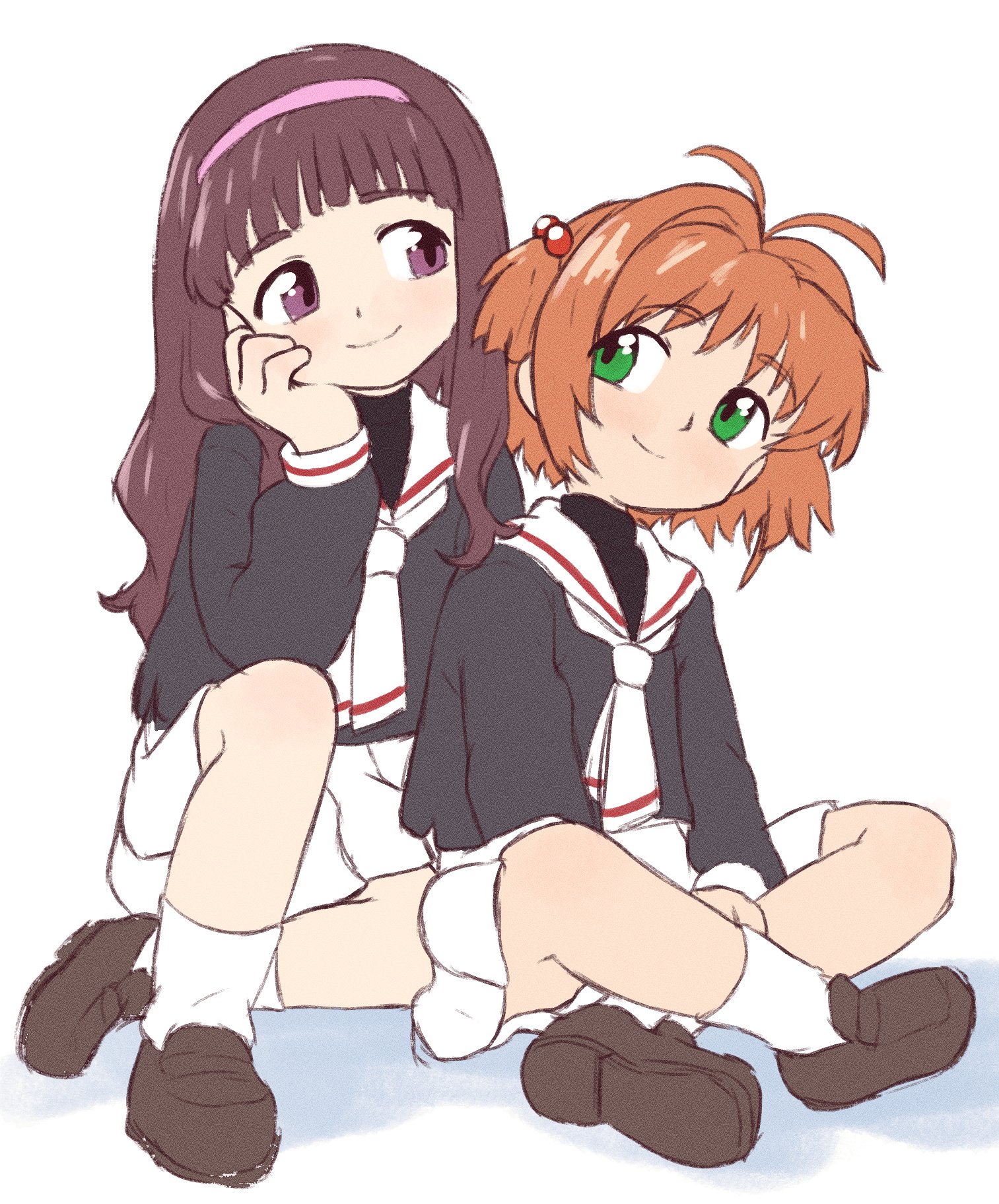 beachepisode, daidouji tomoyo, kinomoto sakura, cardcaptor sakura, highres, 2girls, antenna hair, black serafuku, green eyes, hand on own cheek, hand on own face, headband, long hair, long sleeves, multiple girls, neckerchief, orange hair, pleated skirt, purple eyes, purple hair, purple headband, sailor collar, school uniform, serafuku, short hair, simple background, sitting, skirt, smile, two side up, white background, white neckerchief, white sailor collar, white skirt