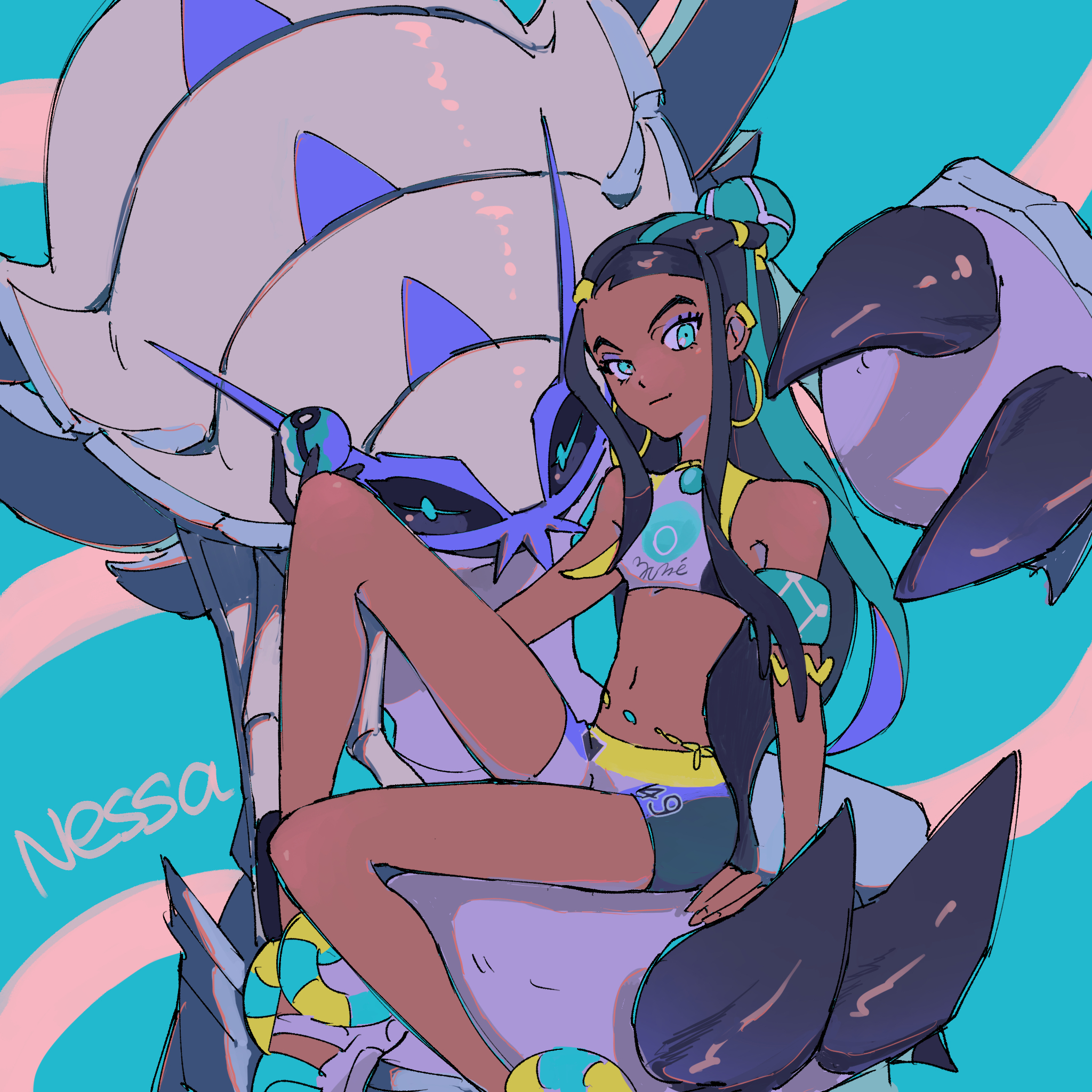 zumu (quw87), golisopod, nessa (pokemon), nintendo, pokemon, pokemon swsh, highres, aqua eyes, aqua hair, black hair, dark-skinned female, dark skin, gen 7 pokemon, long hair, multicolored hair, navel, pokemon (creature), shorts, swimsuit, two-tone hair
