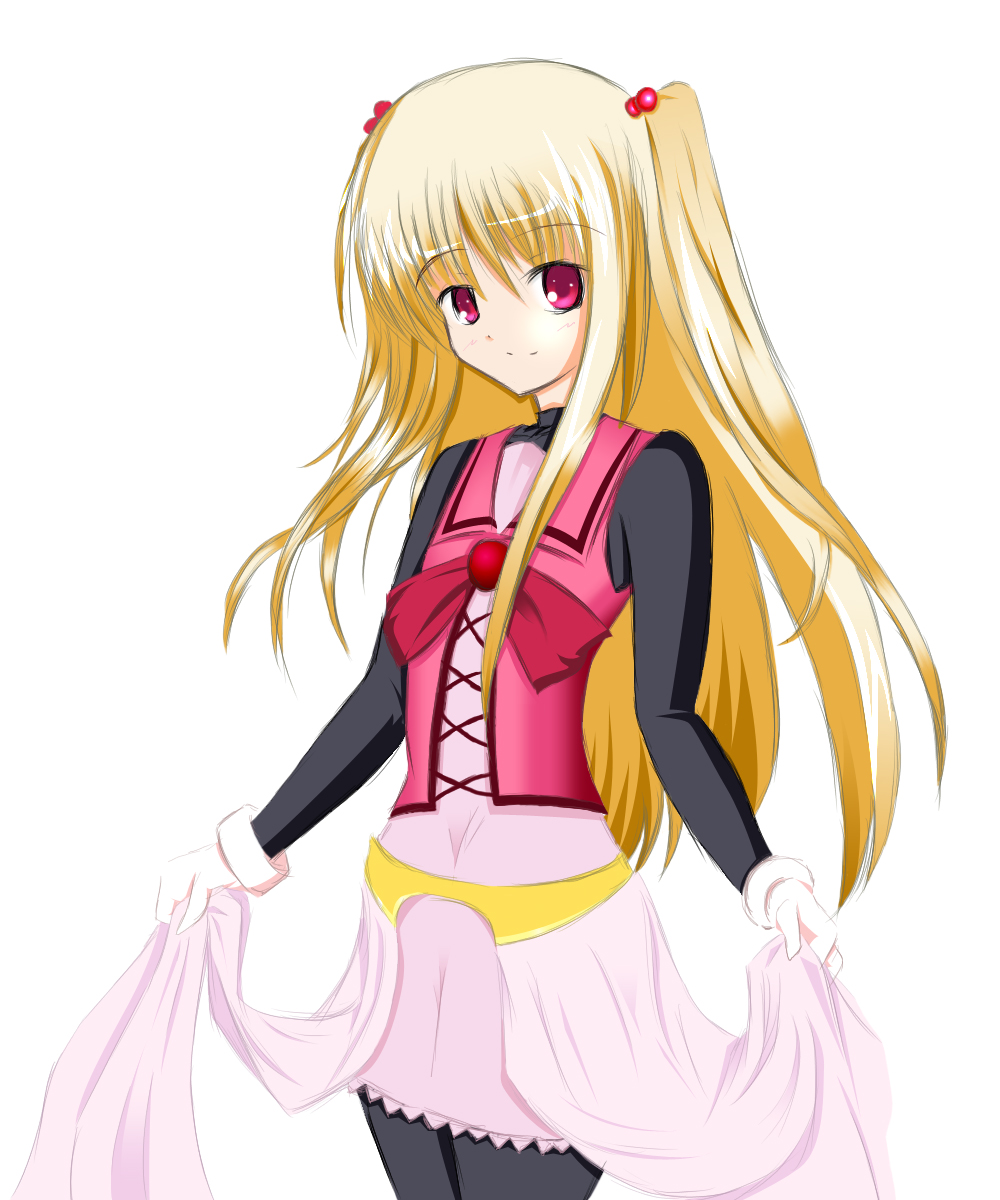 kiora, iris sepperin, rosenkreuzstilette, highres, tagme, blonde hair, pantyhose, red eyes, solo, two side up, waist cape