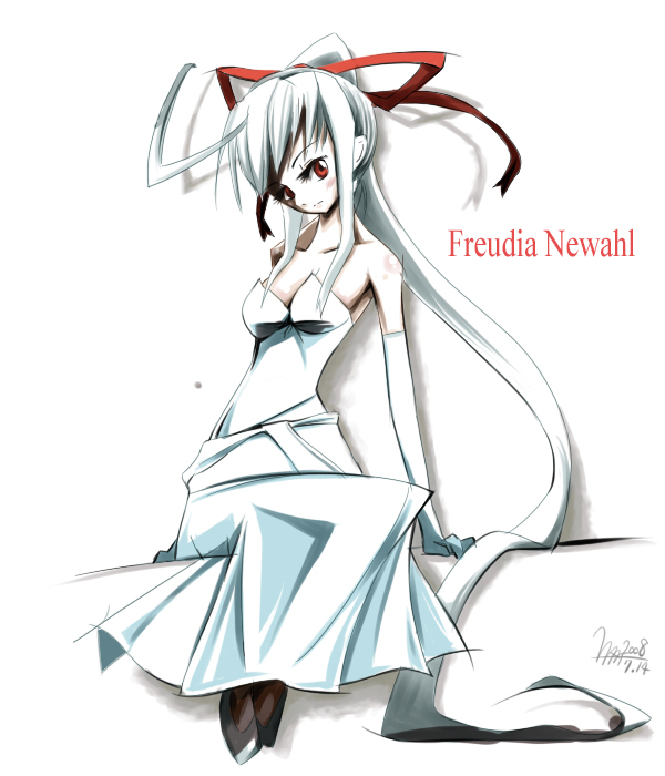 hissatsukun, freudia neuwahl, rosenkreuzstilette, ahoge, dress, elbow gloves, gloves, hair ribbon, long hair, ponytail, red eyes, ribbon, sitting, solo, very long hair, white hair