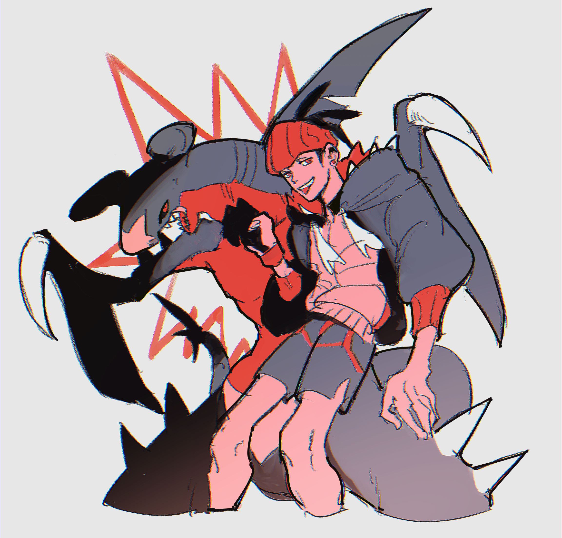 zumu (quw87), garchomp, nintendo, pokemon, character request, highres, 1boy, claws, gen 4 pokemon, pokemon (creature), red eyes, shark fin, sharp teeth, shorts, sketch, teeth