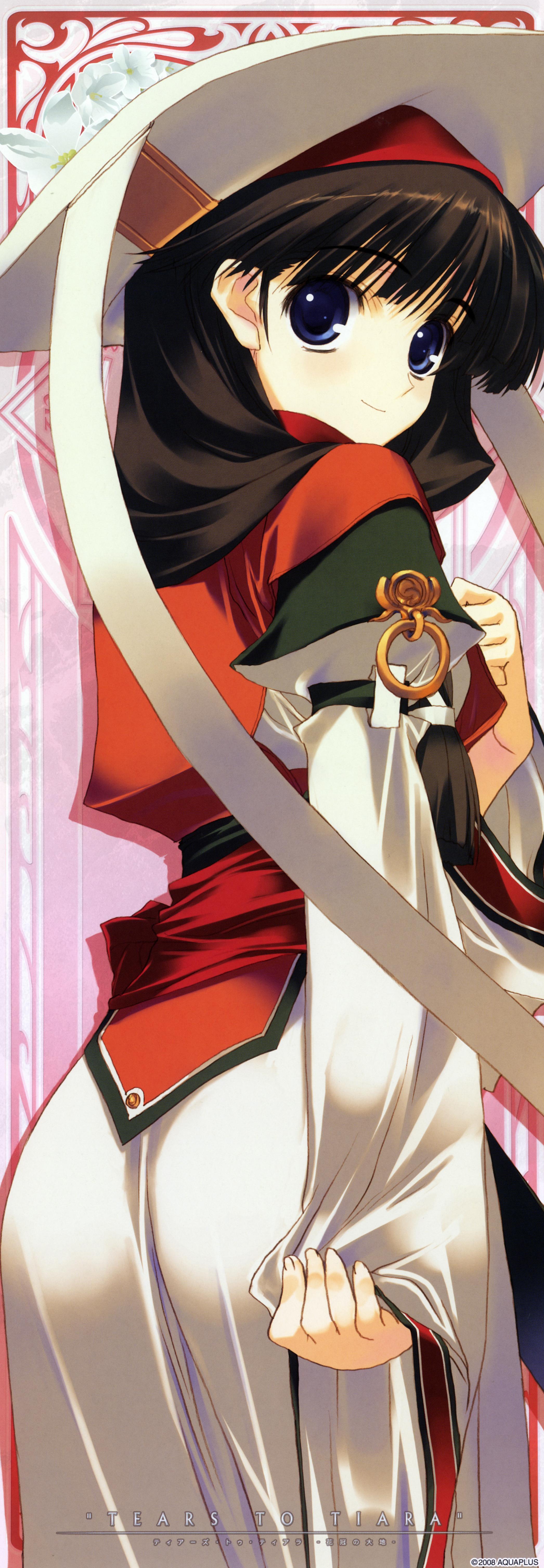 nakamura takeshi, riannon, tears to tiara, absurdres, highres, long image, tall image, 00s, 1girl, ass, black hair, blue eyes, brown hair, female focus, flower, from behind, hair ribbon, hat, long hair, looking back, ponytail, ribbon, smile, solo, stick poster
