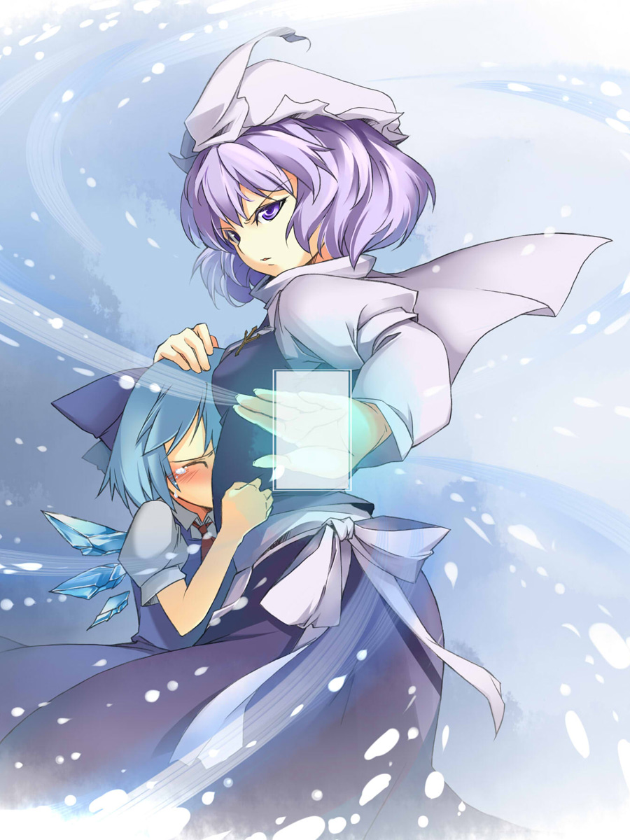 beihan, kokka han, cirno, letty whiterock, perfect cherry blossom, touhou, highres, 2girls, blue hair, comforting, female focus, hand on another's head, hat, hug, multiple girls, purple eyes, purple hair, short hair, snow, spell card, tears, wings