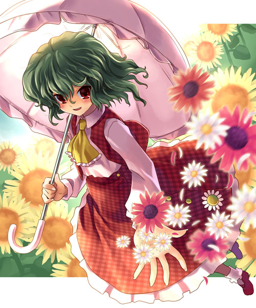 katahira masashi, kazami yuuka, touhou, 1girl, ascot, blush, daisy (flower), female focus, flower, green hair, petals, plaid clothes, plaid skirt, plaid vest, red eyes, short hair, skirt, skirt set, smile, solo, sunflower, umbrella, unmoving pattern, vest, wavy hair
