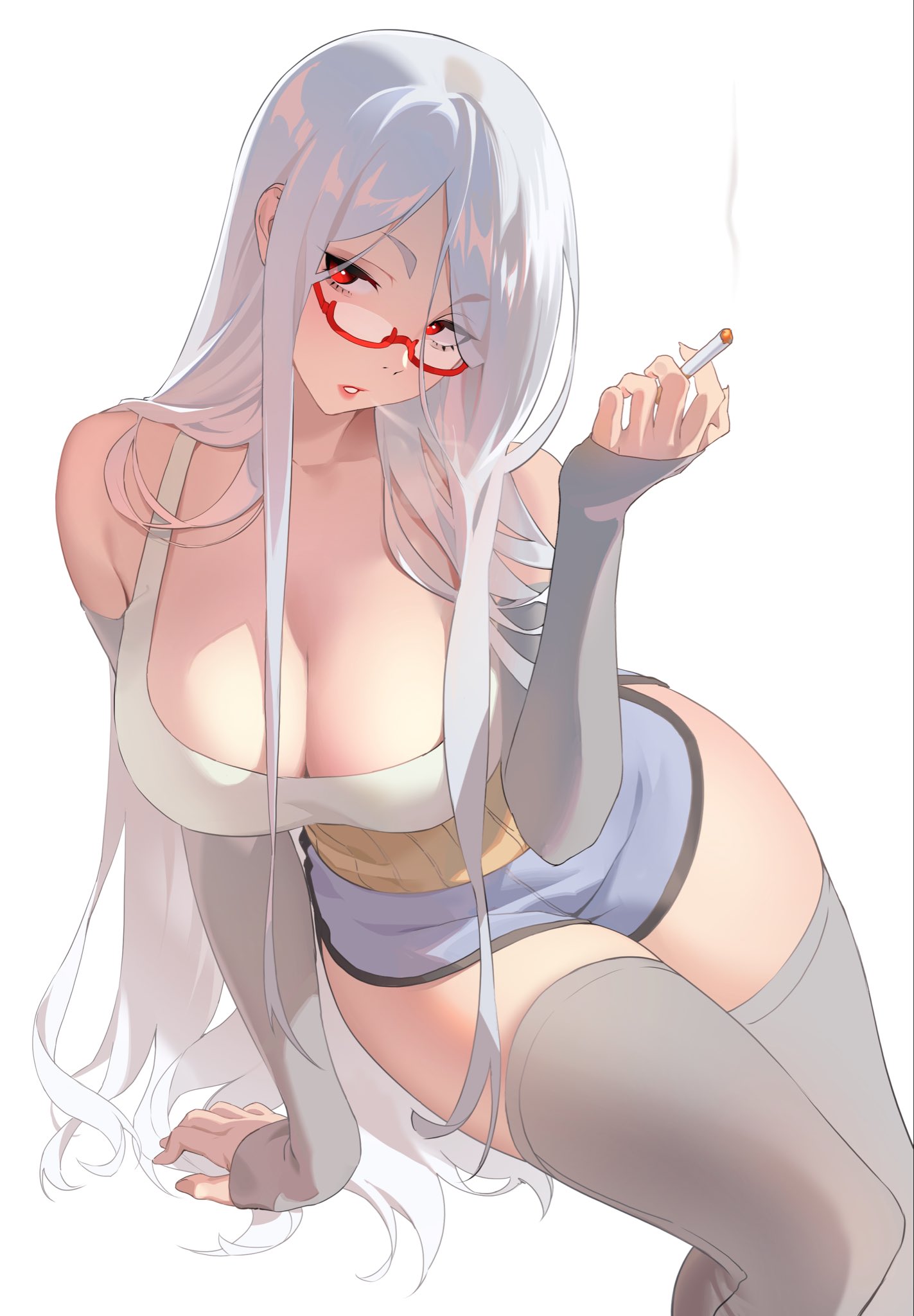 serpent (pepepp39), ayase seiko, dandadan, hashtag-only commentary, highres, 1girl, arm support, arm warmers, between fingers, breasts, cigarette, cleavage, dolphin shorts, feet out of frame, glasses, grey arm warmers, grey hair, grey thighhighs, hair down, haramaki, holding, holding cigarette, invisible chair, large breasts, long hair, looking at viewer, mature female, parted bangs, parted lips, purple shorts, red-framed eyewear, red eyes, semi-rimless eyewear, short shorts, shorts, simple background, sitting, smoke, smoking, solo, tank top, thighhighs, under-rim eyewear, very long hair, white background, white tank top