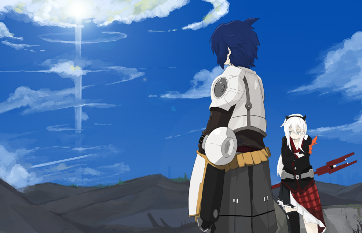 110 gou, fatina, fatina (druaga), jil, jil (druaga), babylonian castle saga, bandai namco, druaga no tou, bad id, bad pixiv id, 1boy, 1girl, animal ears, armor, blonde hair, blue eyes, cat ears, cloud, day, gradient background, landscape, outdoors, skirt, sky, staff