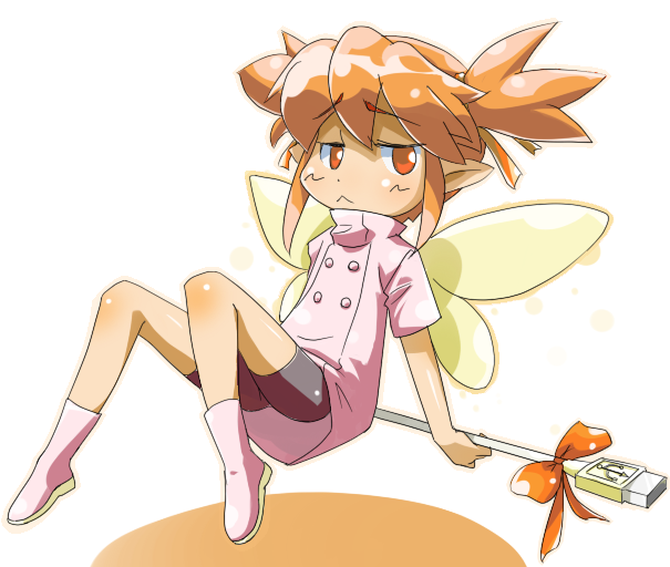 kakikukeko, ce-tan, os-tan, eyebrows, :<, bike shorts, fairy, floating, orange hair, red eyes, solo, usb, wand, wings