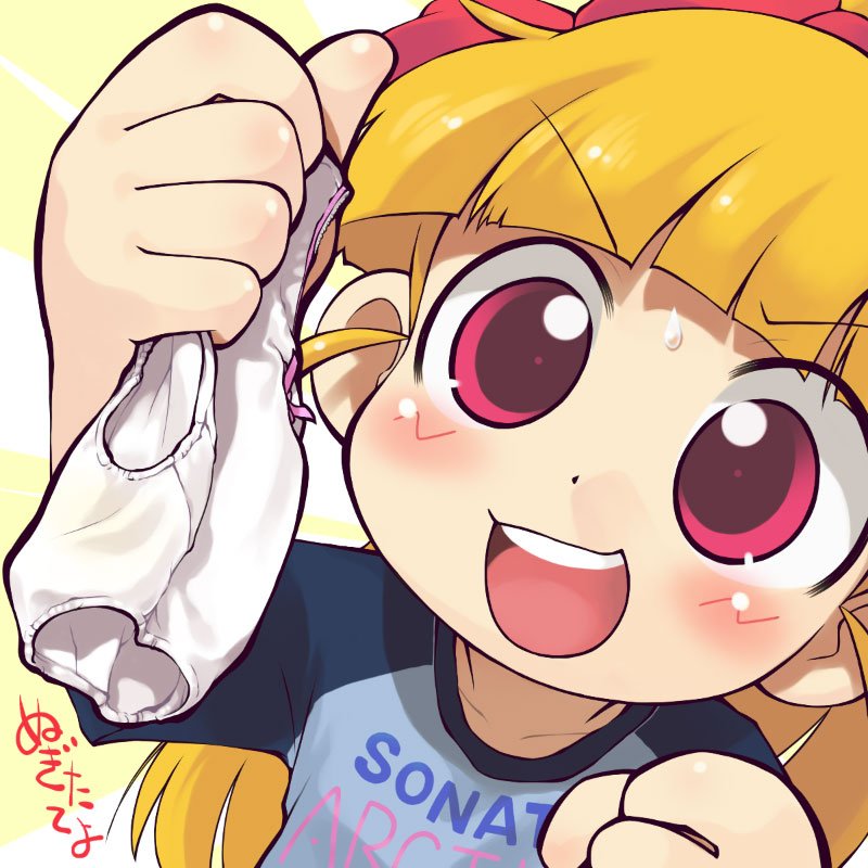 sakurabe notos, akazutsumi momoko, hyper blossom, powerpuff girls, powerpuff girls z, 00s, 1girl, blonde hair, close-up, female focus, holding, holding panties, holding underwear, holding unworn clothes, panties, raglan sleeves, red eyes, solo, stain, underwear, unworn panties, white panties
