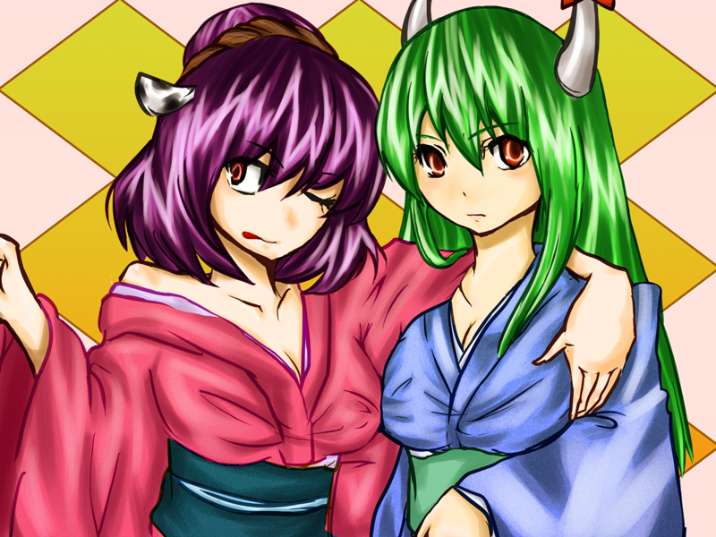 mujirushi ritsuko, ex-keine, kamishirasawa keine, yasaka kanako, touhou, 2girls, female focus, green hair, horns, long hair, multiple girls, purple hair, red eyes