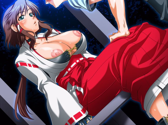 yao, 1boy, 1girl, blue eyes, blush, breasts, brown hair, cleavage, corset, huge breasts, japanese clothes, miko, nipples, solo focus, sweat, wardrobe malfunction