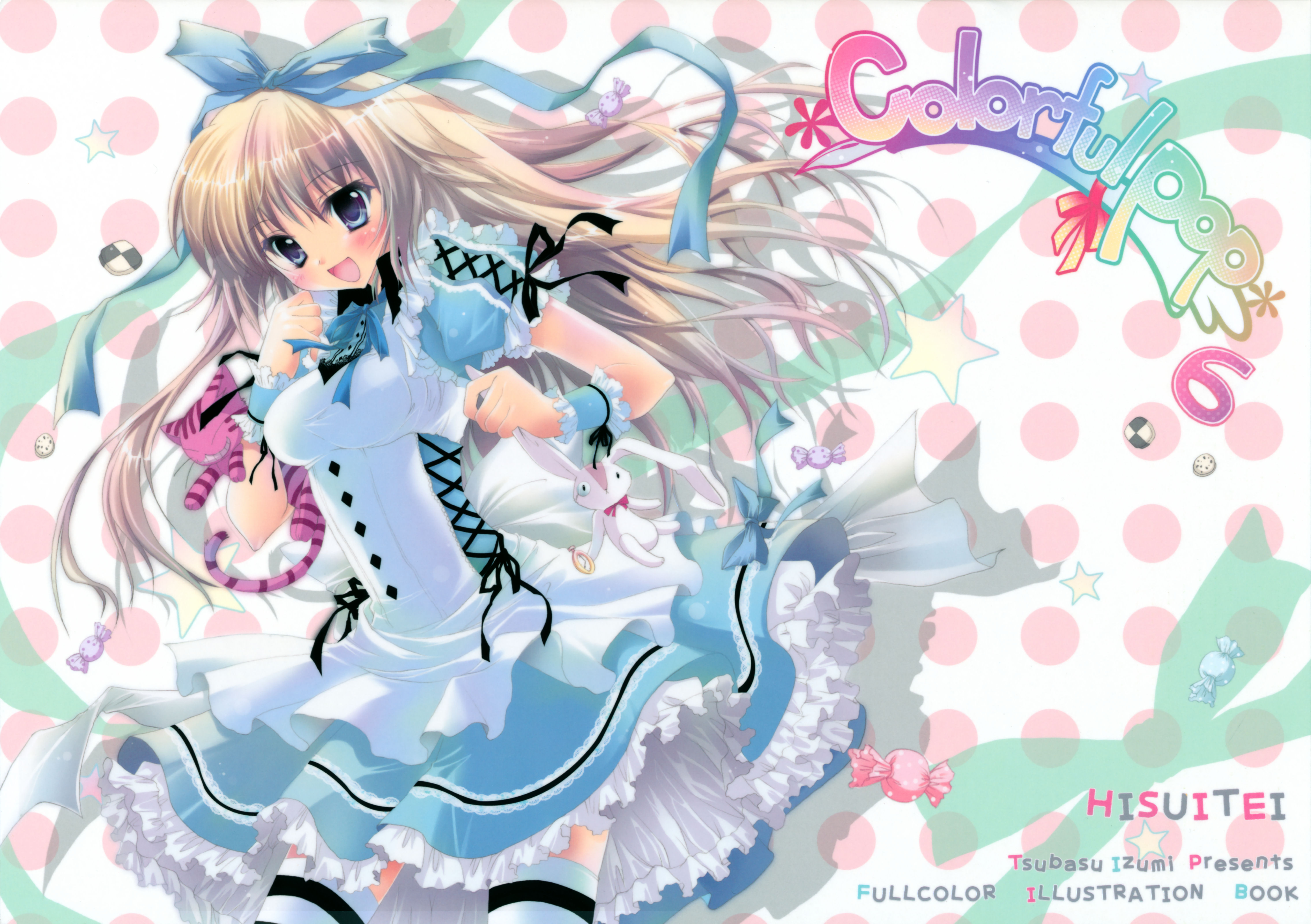 izumi tsubasu, alice (alice in wonderland), cheshire cat (alice in wonderland), white rabbit (alice in wonderland), alice's adventures in wonderland, absurdres, highres, 1girl, blonde hair, blue eyes, blush, bow, cross-laced clothes, dress, hair bow, hair ribbon, long hair, pantyhose, ribbon, striped clothes, striped pantyhose, striped thighhighs, stuffed animal, stuffed cat, stuffed rabbit, stuffed toy, thighhighs, wrist cuffs