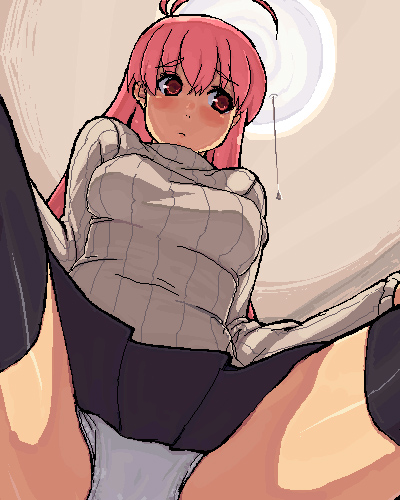 rkrk, sphie, magical antique, bad id, bad pixiv id, duplicate, lowres, ahoge, black thighhighs, from below, legs apart, oekaki, panties, pantyshot, red eyes, red hair, solo, thighhighs, underwear, upskirt, white panties