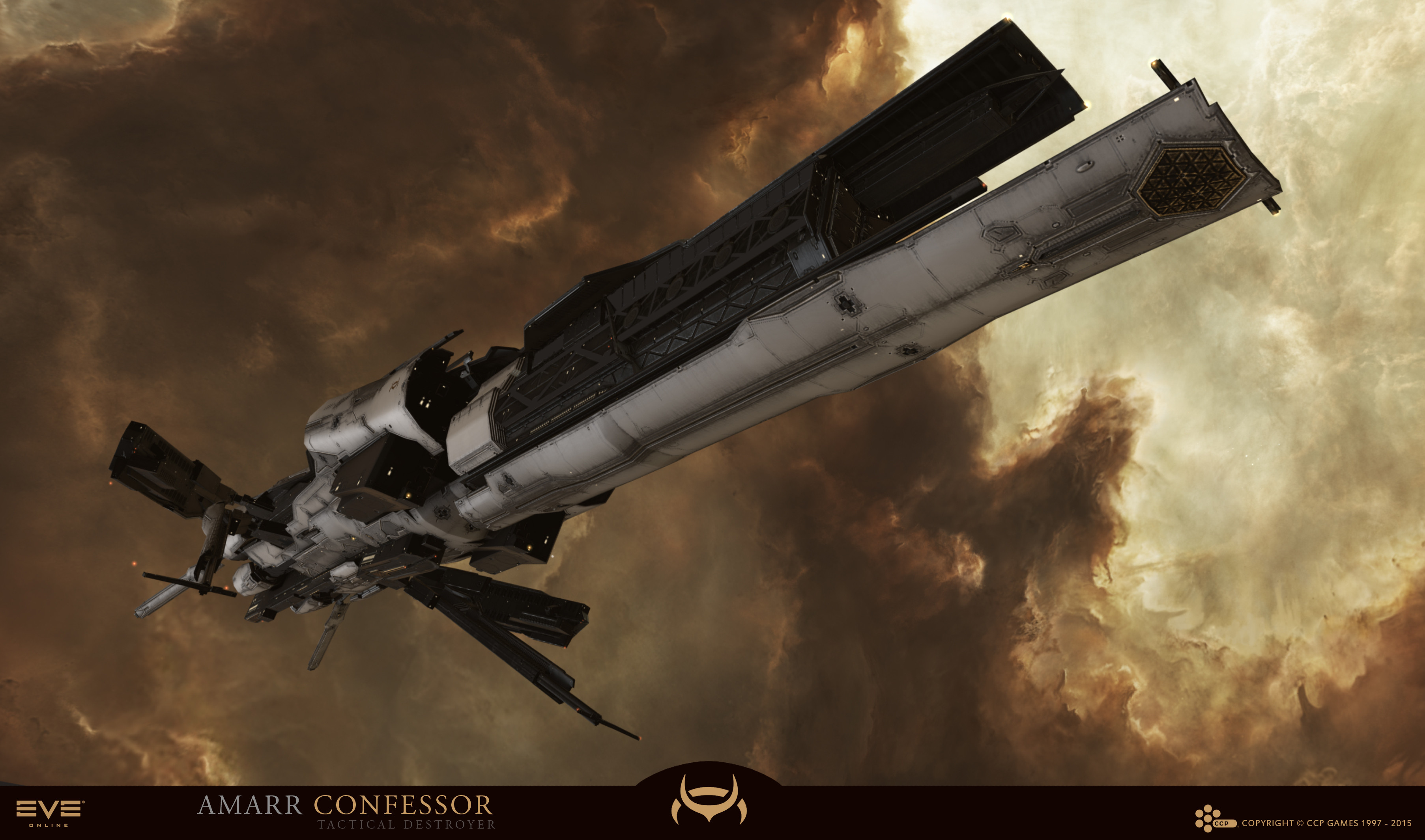 eve online, absurdres, commentary, english commentary, highres, maya (medium), official art, 3d, advanced ship (eve online), amarr empire (eve online), attack ship (eve online), brown background, brown theme, cloud, company logo, company name, confessor (eve online), copyright logo, copyright name, dated, destroyer (eve online), emblem, english text, glowing, logo, military vehicle, nebula, no humans, outdoors, science fiction, space, spacecraft, star (sky), starry sky background, tactical destroyer (eve online), tech 3 ship (eve online), vehicle focus, vehicle name, viziam (eve online), ymir jonsson