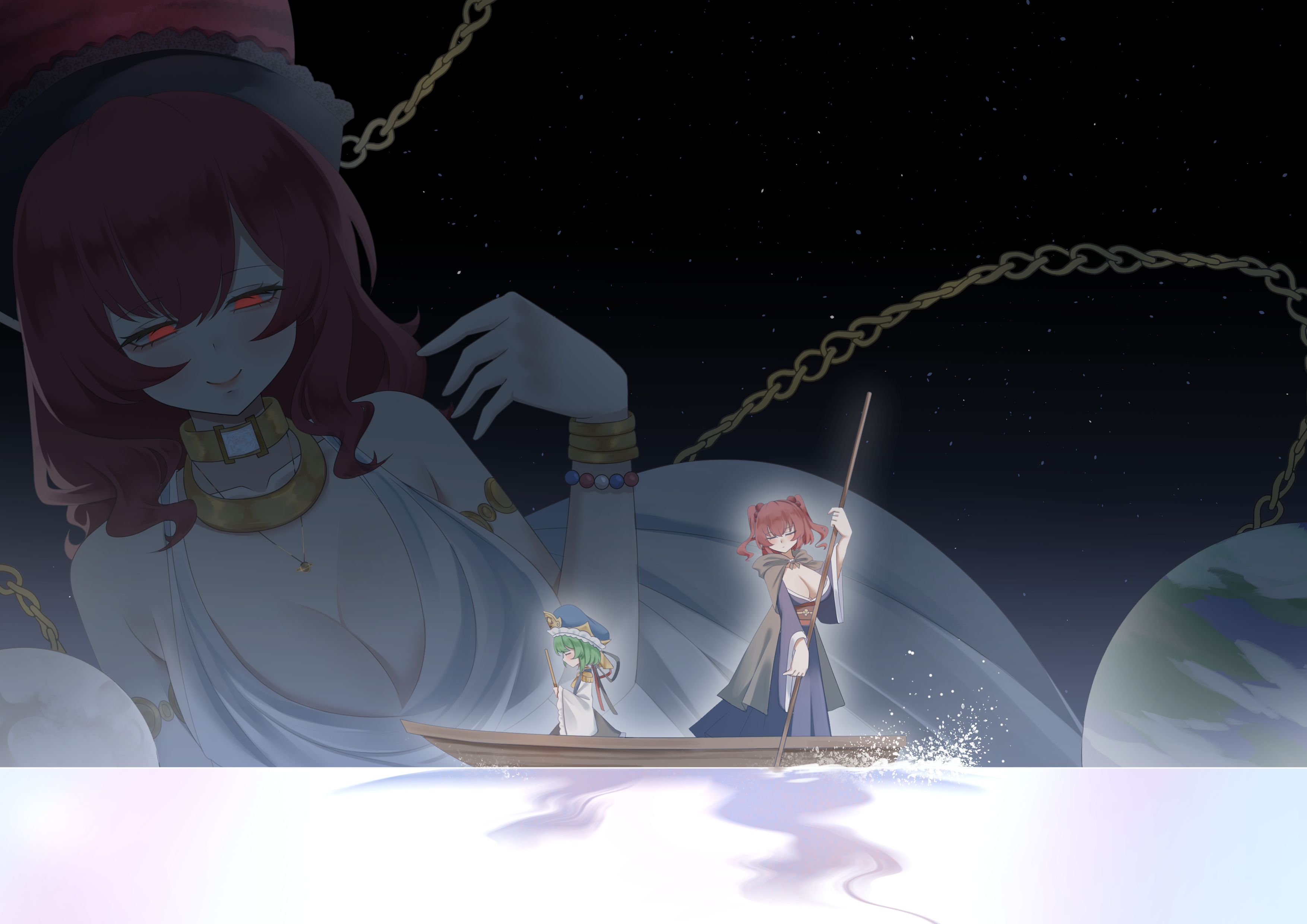 no noru, hecatia lapislazuli, onozuka komachi, shiki eiki, touhou, absurdres, commentary, highres, 3girls, alternate costume, alternate size, blue dress, blue vest, boat, bracelet, breasts, cape, chain, cleavage, closed eyes, closed mouth, dress, earth (ornament), frilled hat, frills, giant, giantess, gold chain, green hair, grey cape, hair bobbles, hair ornament, hat, jewelry, large breasts, long sleeves, moon (ornament), multiple girls, on boat, rod of remorse, rowing, smile, two side up, underworld (ornament), vest, watercraft, white dress, wide sleeves