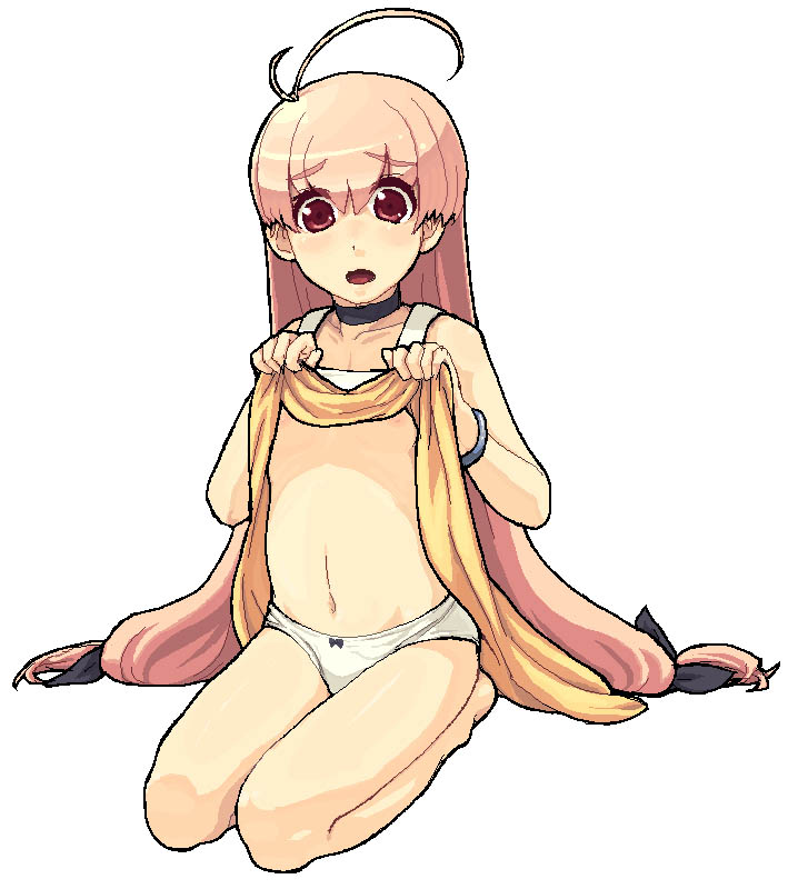 rkrk, sphie, magical antique, bad id, bad pixiv id, 1girl, ahoge, barefoot, bow, bow panties, bracelet, choker, clothes lift, dress, dress lift, female focus, flat chest, jewelry, kneeling, lifting own clothes, long hair, low-tied long hair, navel, nipples, oekaki, panties, pink eyes, pink hair, shirt lift, simple background, solo, underwear, white panties