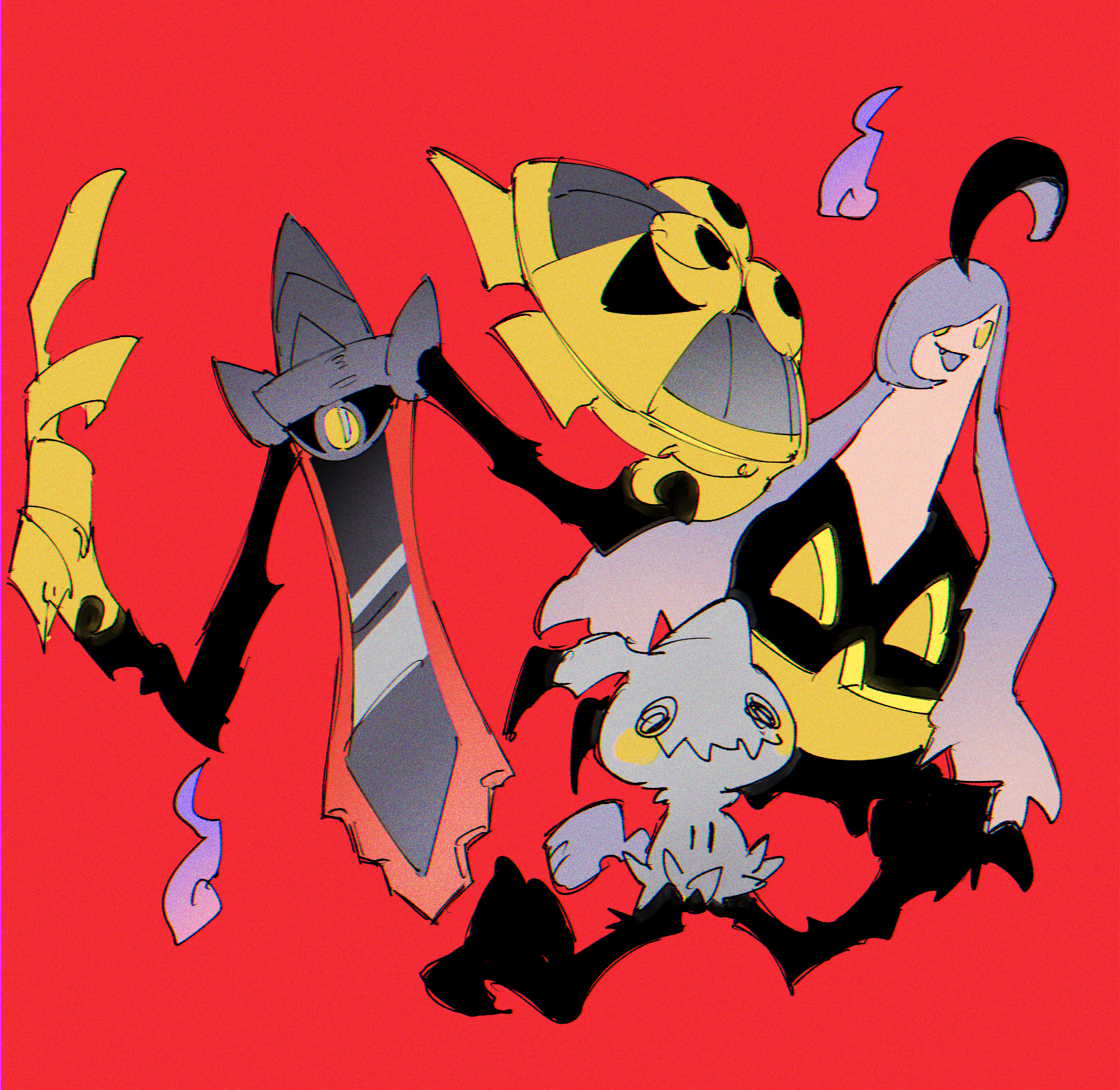 zumu (quw87), aegislash, gourgeist, mimikyu, nintendo, pokemon, highres, alternate color, creature, creature focus, gen 6 pokemon, gen 7 pokemon, jack-o'-lantern, pokemon (creature), red background, shield, simple background, sword, weapon