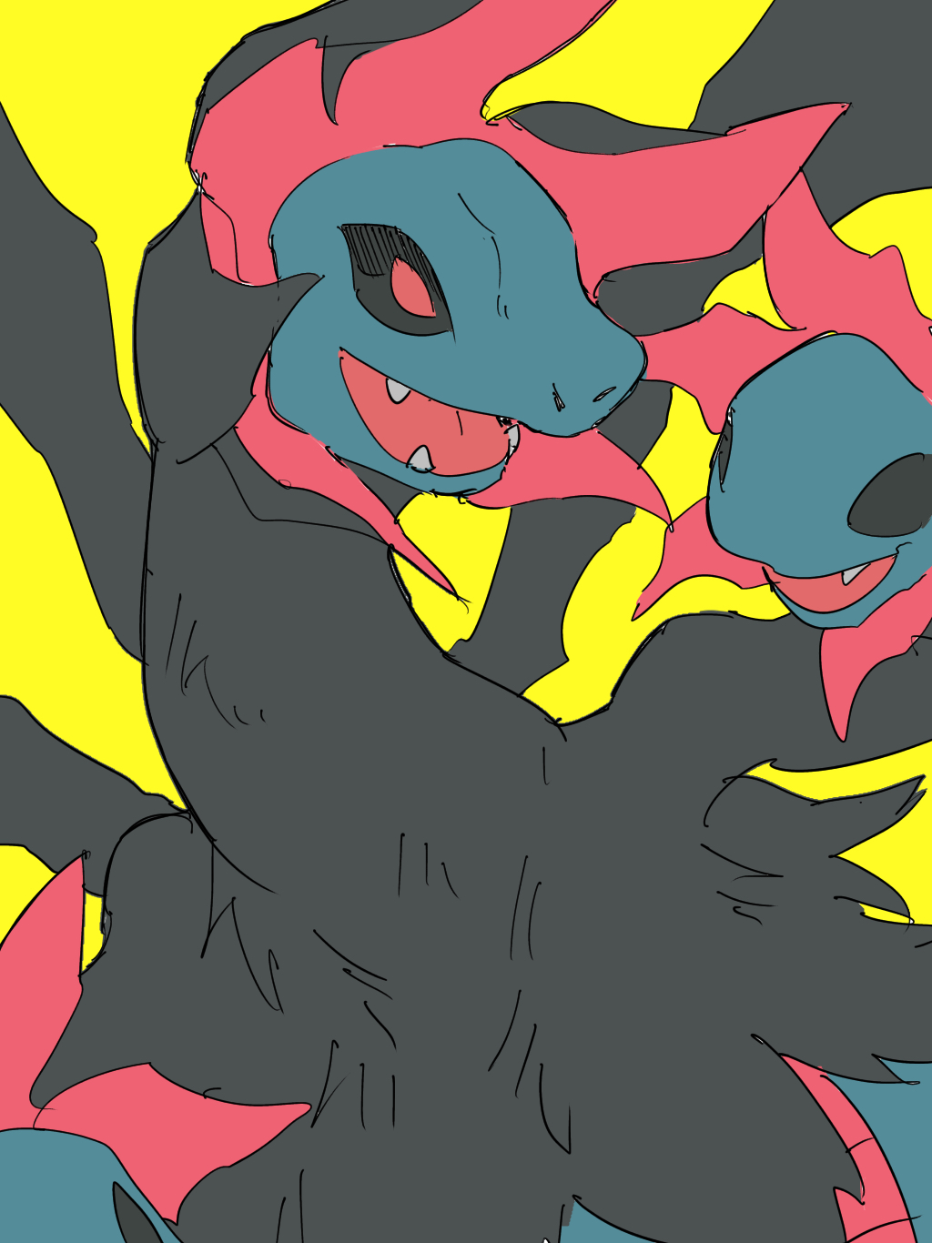 zumu (quw87), hydreigon, nintendo, pokemon, highres, creature, creature focus, dragon, fangs, gen 5 pokemon, multiple heads, pokemon (creature), solo