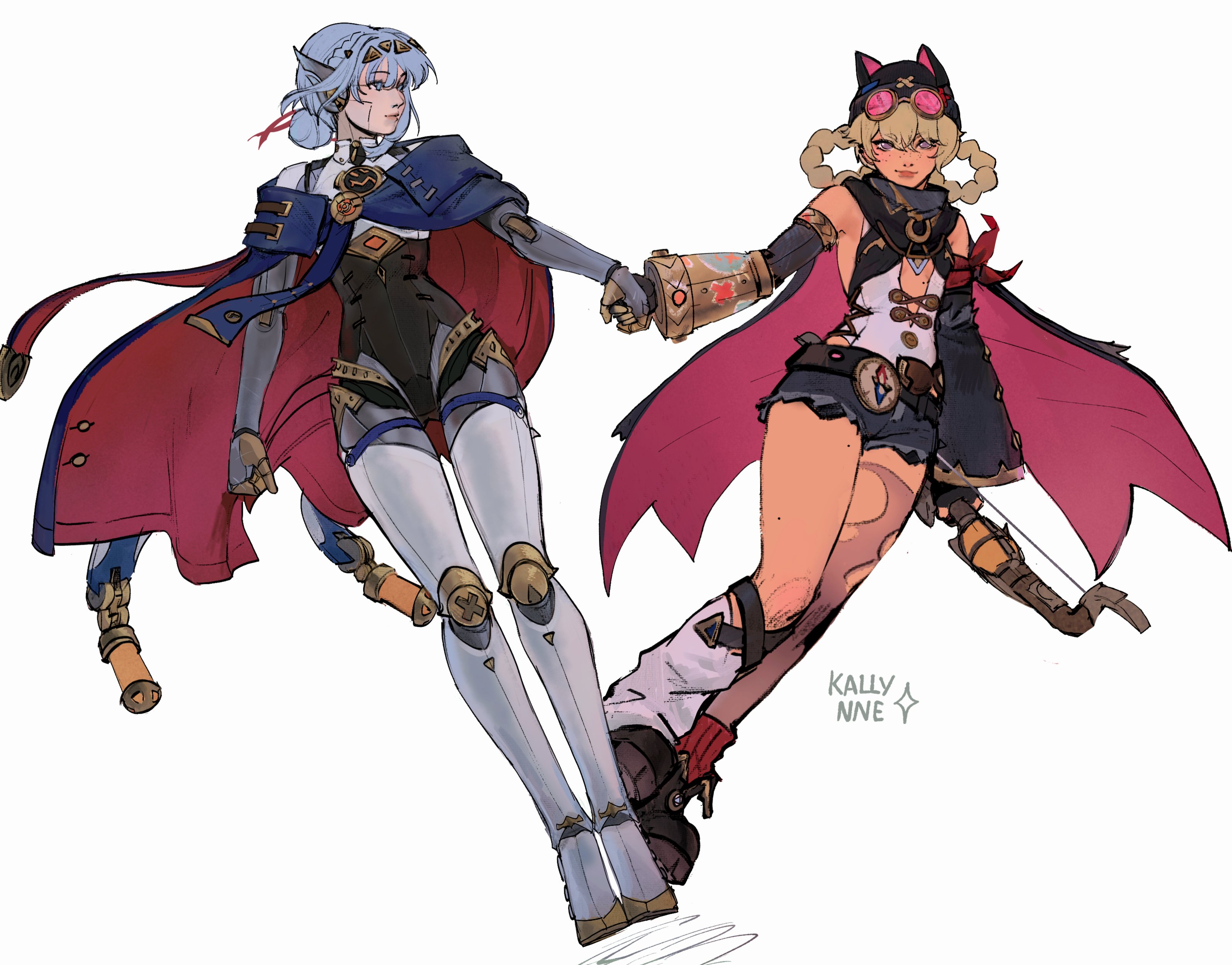 kallynnekmi, ineffa (genshin impact), jahoda (genshin impact), genshin impact, absurdres, commentary, english commentary, highres, 2girls, android, animal ear headwear, animal ears, arm at side, armpits, artist name, asymmetrical clothes, asymmetrical legwear, bandana around arm, bare shoulders, beanie, belt, black hat, blonde hair, blue eyes, blue hair, bow (weapon), braid, braided hair rings, breasts, buttons, cape, center opening, closed mouth, detached sleeves, dutch angle, eyewear on head, fake animal ears, fingerless gloves, freckles, full body, gloves, hair between eyes, hair bun, hair rings, hat, holding, holding bow (weapon), holding hands, holding weapon, joints, leaning to the side, leotard, leotard under clothes, light smile, lips, looking at another, looking at viewer, low-cut armhole, mechanical arms, mechanical legs, metal skin, mole, mole on stomach, mole on thigh, multiple girls, multiple moles, no headwear, pink-tinted eyewear, prosthesis, prosthetic arm, purple eyes, robot, robot ears, robot girl, robot joints, round eyewear, shoes, short shorts, shorts, simple background, single glove, single hair bun, single mechanical arm, single sleeve, single thighhigh, small breasts, standing, sunglasses, thighhighs, tinted eyewear, torn clothes, torn thighhighs, weapon, white background