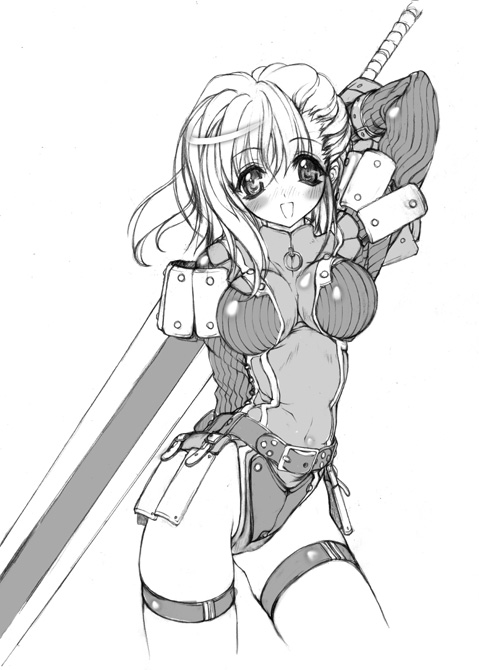 miwa yoshikazu, final fantasy, final fantasy xi, 00s, 1girl, armor, blush, breasts, female focus, greyscale, hume, large breasts, monochrome, solo, sword, weapon