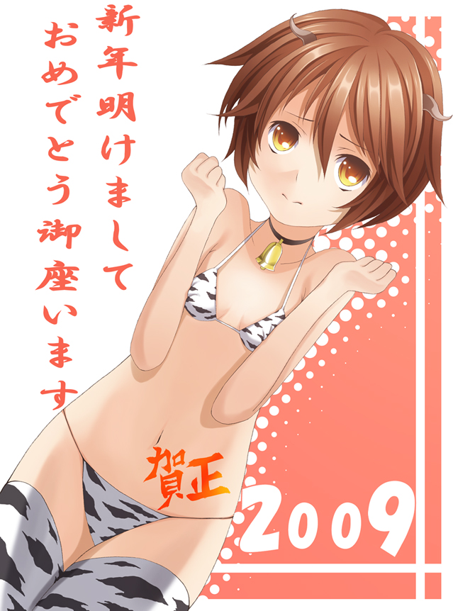 laco soregashi, bad id, bad pixiv id, 1girl, akeome, animal print, bell, bikini, brown hair, collar, cow print, female focus, flat chest, happy new year, horns, neck bell, new year, orange eyes, short hair, solo, string bikini, swimsuit, thighhighs