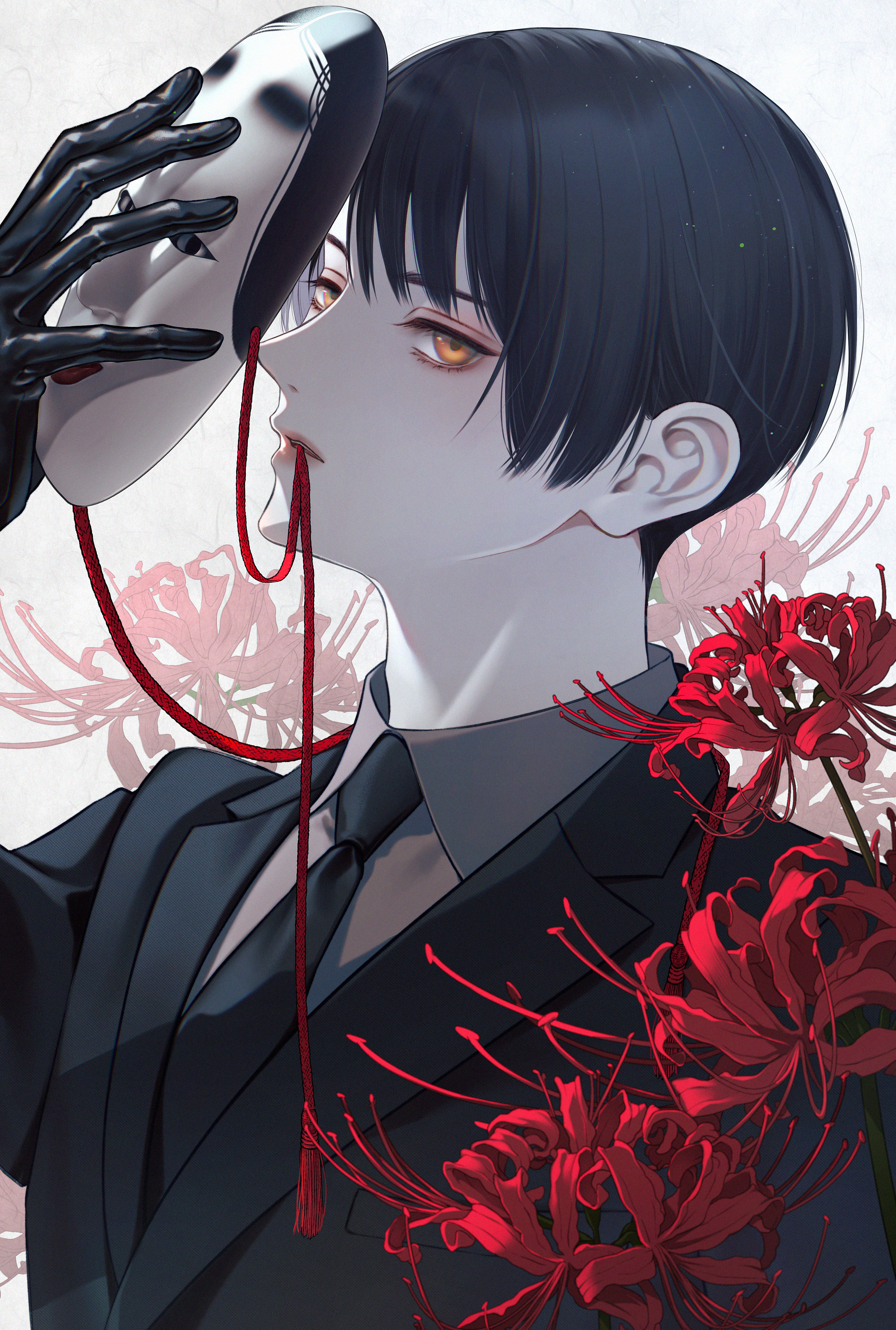 npyon, japan (hetalia), axis powers hetalia, absurdres, highres, 1boy, black gloves, black hair, black jacket, black necktie, breast pocket, collared shirt, eyelashes, floral background, flower, formal clothes, gloves, hair between eyes, half-closed eyes, hand up, holding, holding mask, jacket, lapels, leather, leather gloves, lips, long sleeves, looking at viewer, male focus, mask, necktie, open mouth, orange eyes, pocket, red flower, rope, shirt, short hair, solo, spider lily, suit, suit jacket, teeth, upper body, white background, white mask, white shirt