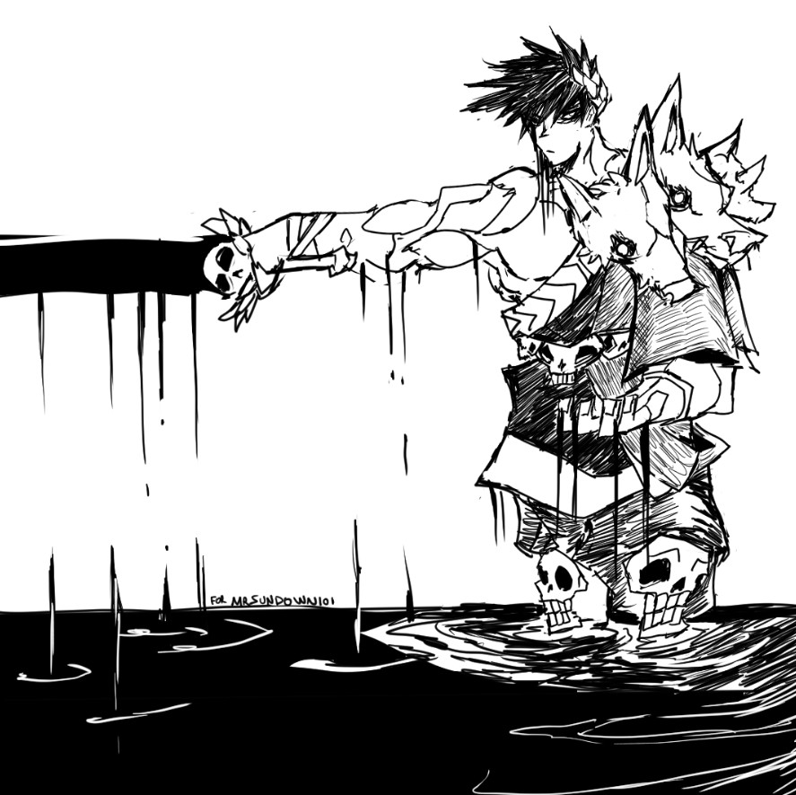 genc, zagreus (hades), hades (series), commentary, english commentary, 1boy, holding, holding sword, holding weapon, male focus, muscular, muscular male, outstretched arm, short hair, simple background, sketch, solo, spiked hair, sword, weapon, white background