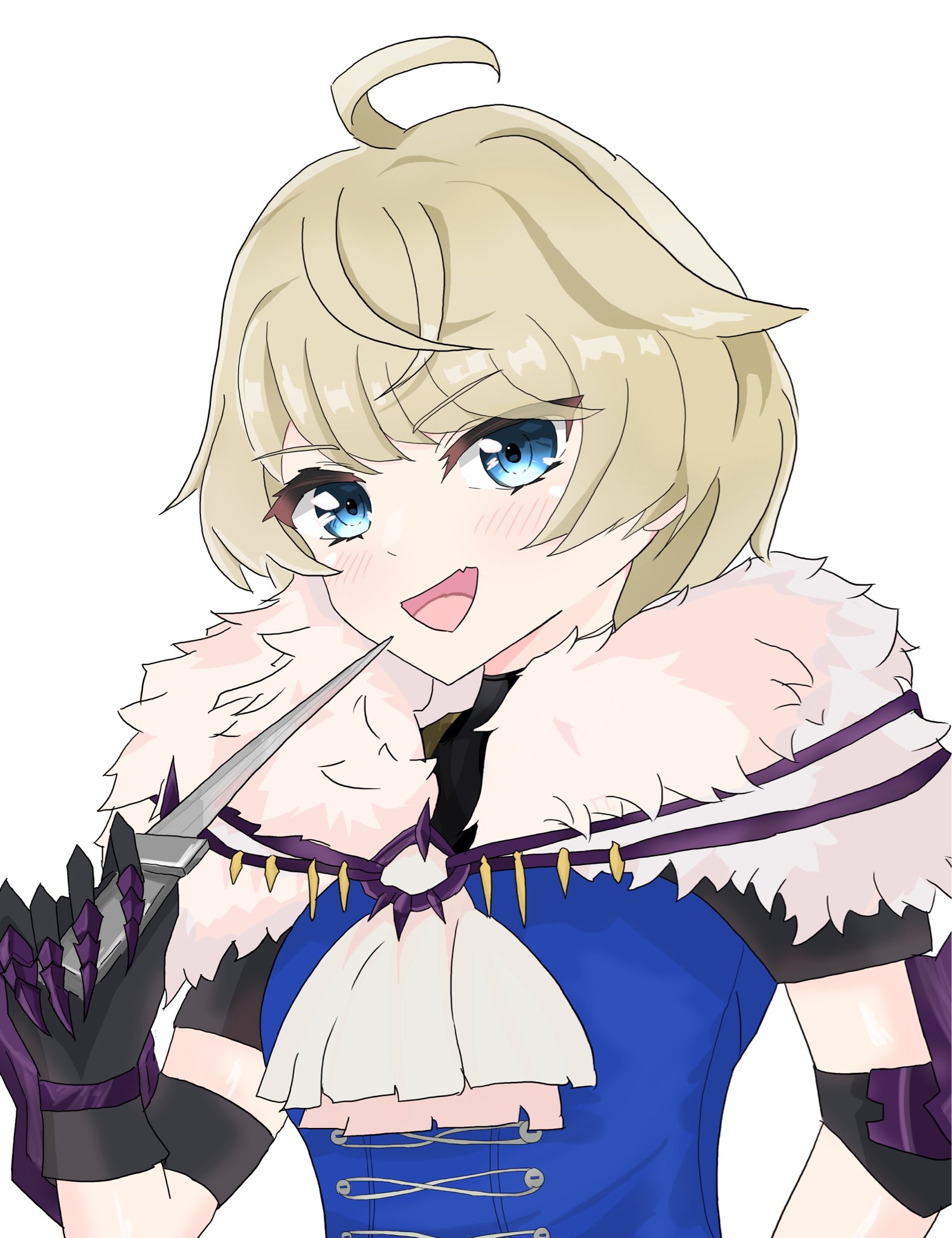 merrin (fire emblem), fire emblem, fire emblem engage, nintendo, highres, 1girl, ahoge, blonde hair, blue eyes, breasts, looking at viewer, medium breasts, pelt, short bangs, short hair, shorts, shorts under skirt, sima539, smile, solo