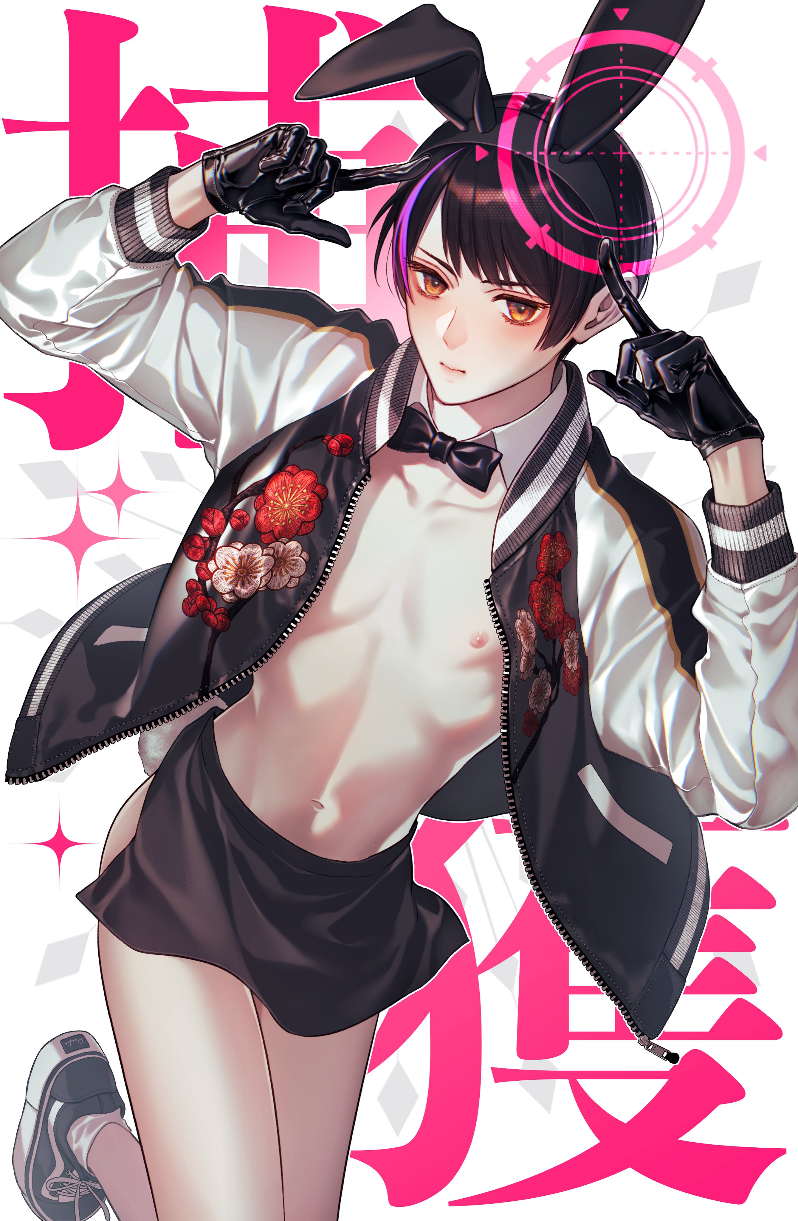 npyon, japan (hetalia), axis powers hetalia, absurdres, commentary request, highres, 1boy, animal ears, apron, black apron, black bow, black bowtie, black gloves, black hair, black jacket, black shoes, bow, bowtie, closed mouth, detached collar, fake animal ears, floral print, gloves, hands up, index finger raised, jacket, leather, leather gloves, long sleeves, male focus, multicolored hair, multicolored jacket, navel, nipples, official alternate costume, open clothes, open jacket, orange eyes, puffy long sleeves, puffy sleeves, purple hair, rabbit ears, shoes, short hair, socks, solo, sparkle background, standing, standing on one leg, streaked hair, sukajan, text background, two-tone jacket, white background, white jacket, white socks, wing collar, zipper