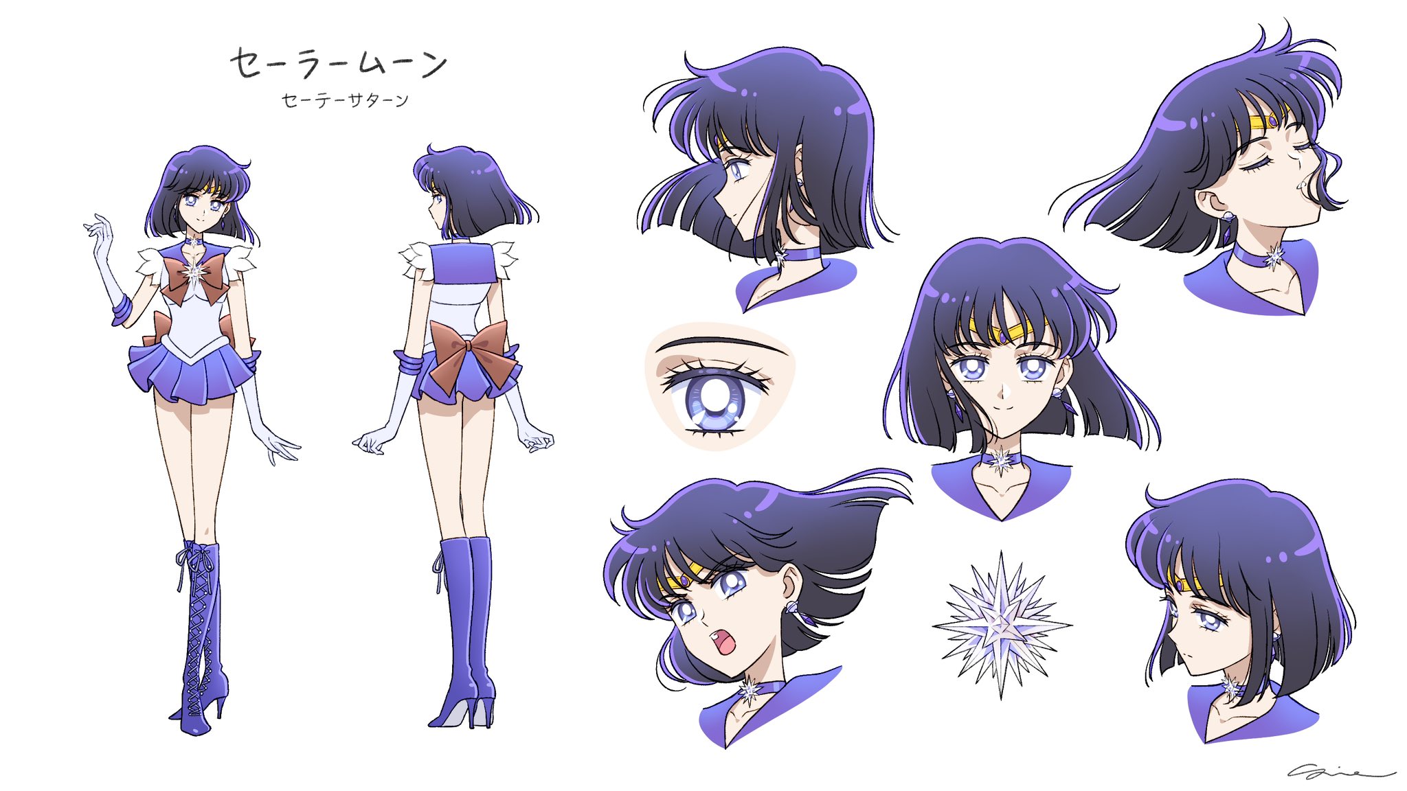 sidney deng, sailor saturn, tomoe hotaru, bishoujo senshi sailor moon, commentary, english commentary, highres, 1girl, back bow, boots, bow, bowtie, choker, circlet, closed eyes, collarbone, elbow gloves, full body, gloves, high heel boots, high heels, looking at viewer, magical girl, medium hair, miniskirt, multiple girls, open mouth, outer senshi, purple boots, purple choker, purple eyes, purple hair, purple sailor collar, purple skirt, red bow, red bowtie, reference sheet, sailor collar, sailor senshi, sailor senshi uniform, signature, simple background, skirt, upper body, white background, white gloves