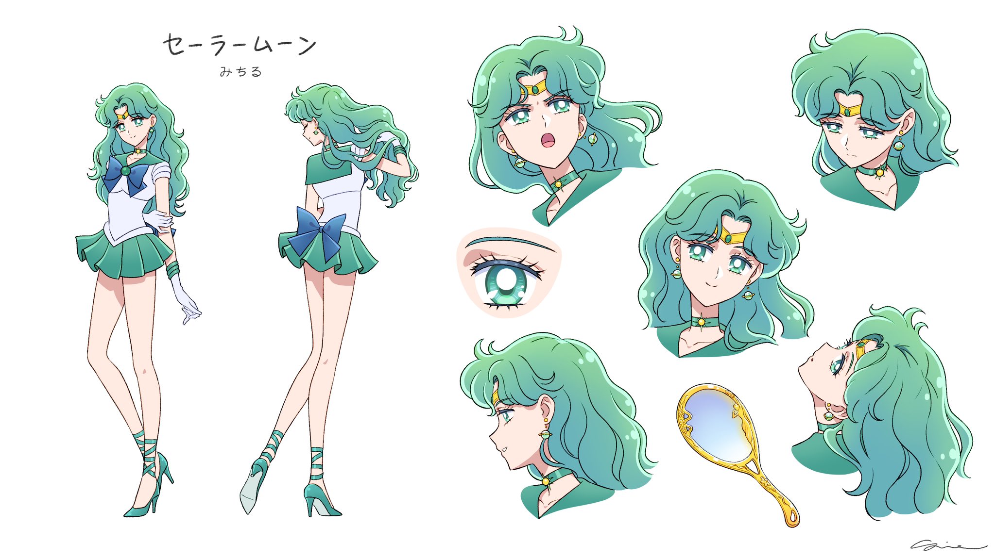 sidney deng, kaiou michiru, sailor neptune, bishoujo senshi sailor moon, commentary, english commentary, highres, 1girl, aqua choker, aqua eyes, aqua hair, aqua sailor collar, aqua shoes, aqua skirt, back bow, blue bow, blue bowtie, bow, bowtie, choker, circlet, deep aqua mirror, earrings, elbow gloves, full body, gloves, hand in own hair, hand mirror, high heels, jewelry, long hair, looking at viewer, magical girl, mirror, multiple views, open mouth, outer senshi, reference sheet, sailor collar, sailor senshi, sailor senshi uniform, shoes, signature, simple background, skirt, upper body, white background, white gloves