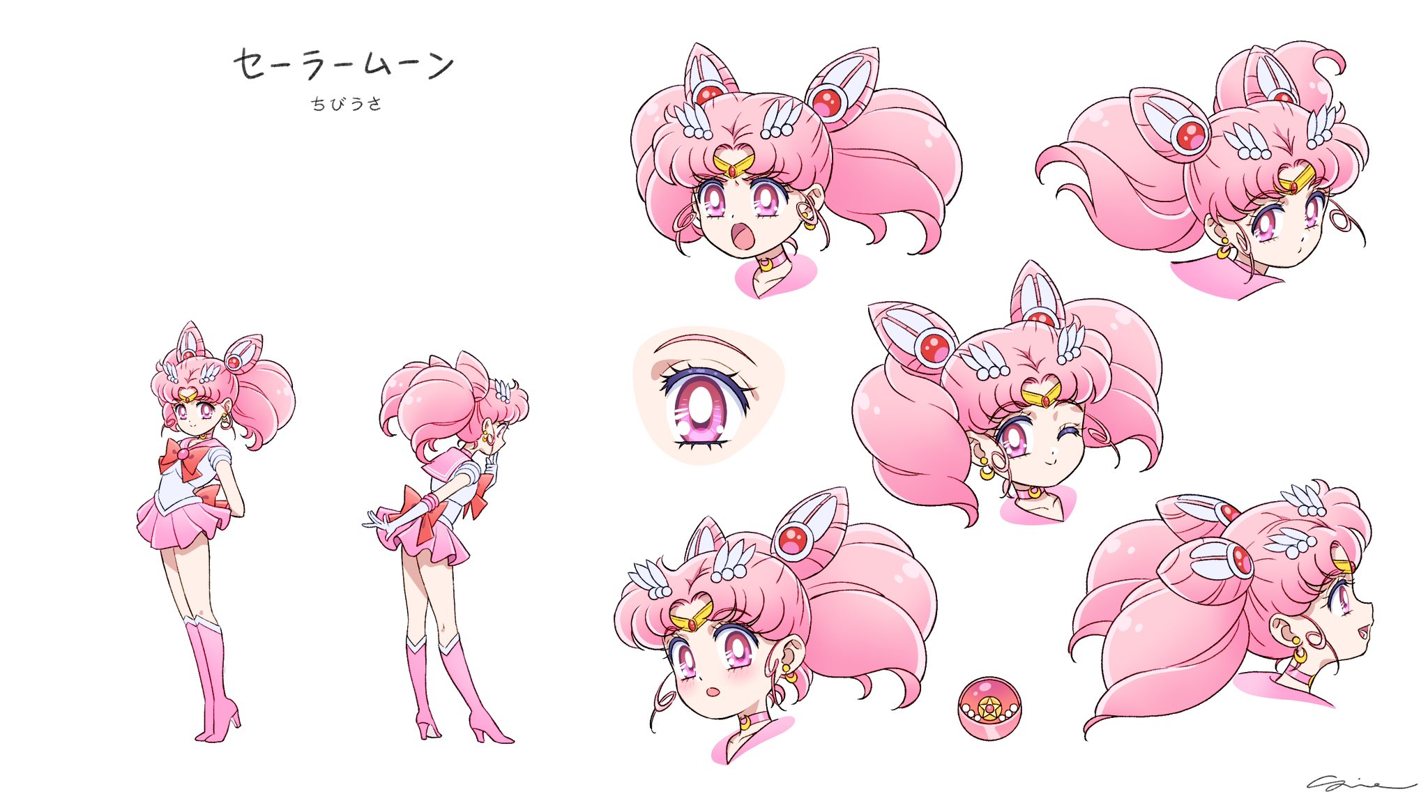 sidney deng, chibi usa, bishoujo senshi sailor moon, commentary, english commentary, highres, 1girl, back bow, boots, bow, bowtie, crescent, crescent earrings, earrings, full body, gloves, high heel boots, high heels, jewelry, looking at viewer, multiple views, one eye closed, pink boots, pink eyes, pink hair, pink skirt, red bow, red bowtie, reference sheet, sailor senshi, sailor senshi uniform, signature, simple background, skirt, twintails, upper body, white background, white gloves