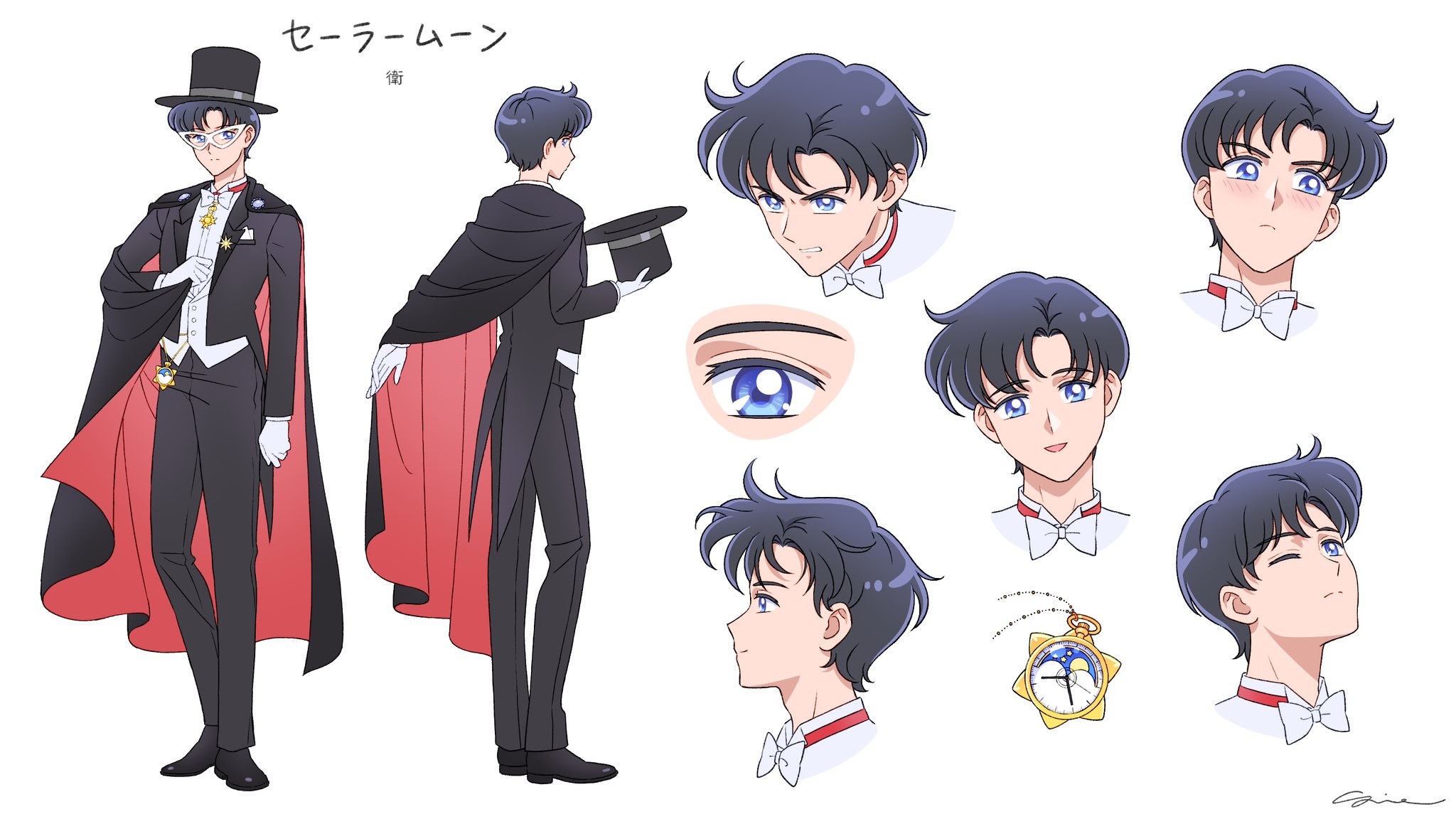 sidney deng, chiba mamoru, tuxedo kamen, bishoujo senshi sailor moon, commentary, english commentary, highres, 1boy, black cloak, black hair, black hat, black pants, blue eyes, bow, bowtie, cloak, formal clothes, gloves, hat, holding, holding unworn clothes, holding unworn hat, looking at viewer, male focus, multiple views, one eye closed, pants, reference sheet, short hair, signature, simple background, suit, top hat, unworn hat, unworn headwear, white background, white bow, white bowtie, white gloves