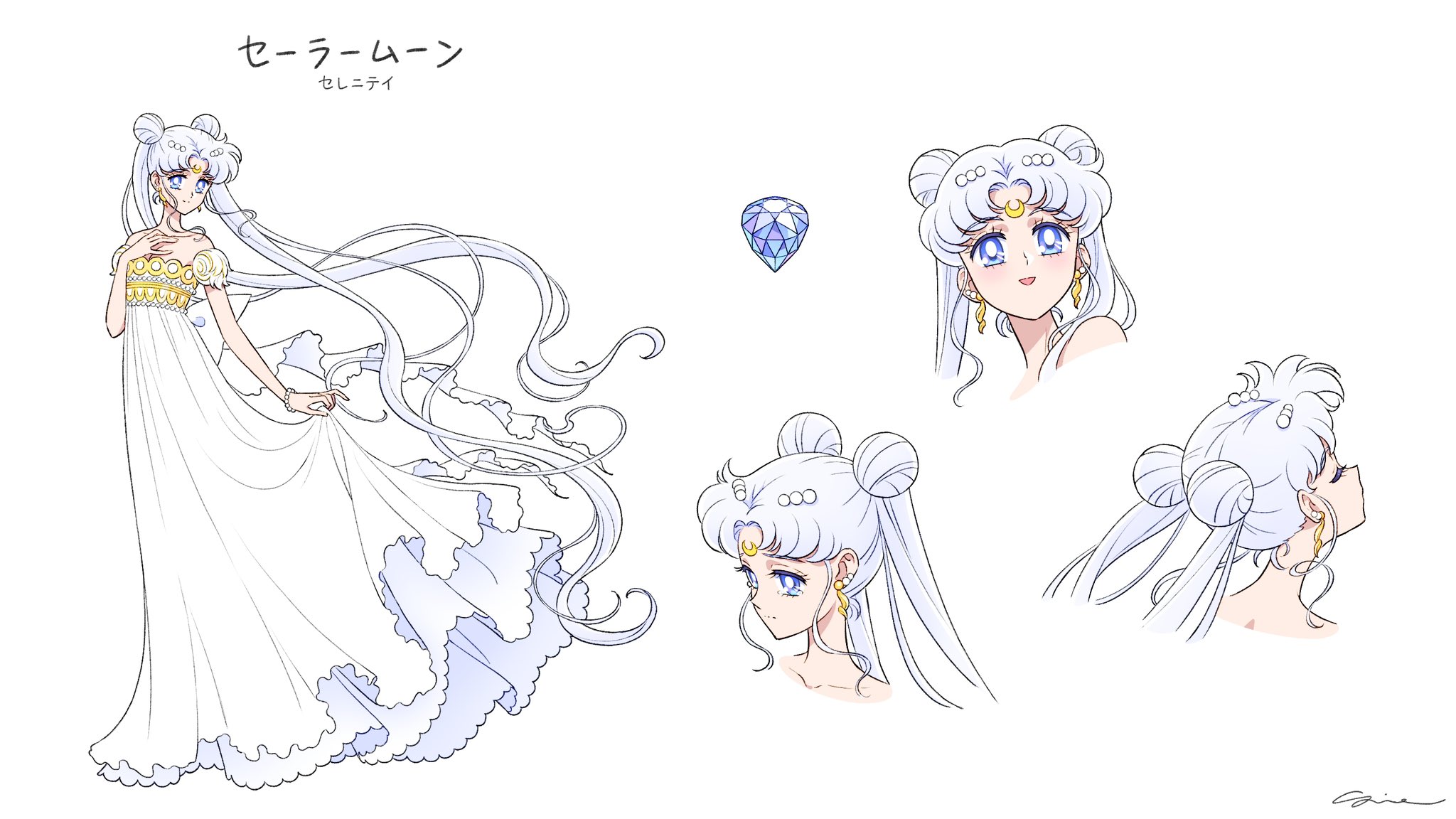 sidney deng, princess serenity, tsukino usagi, bishoujo senshi sailor moon, commentary, english commentary, highres, 1girl, blue eyes, double bun, dress, earrings, facial mark, forehead mark, hair bun, jewelry, long hair, multiple views, reference sheet, signature, simple background, white background, white dress, white hair