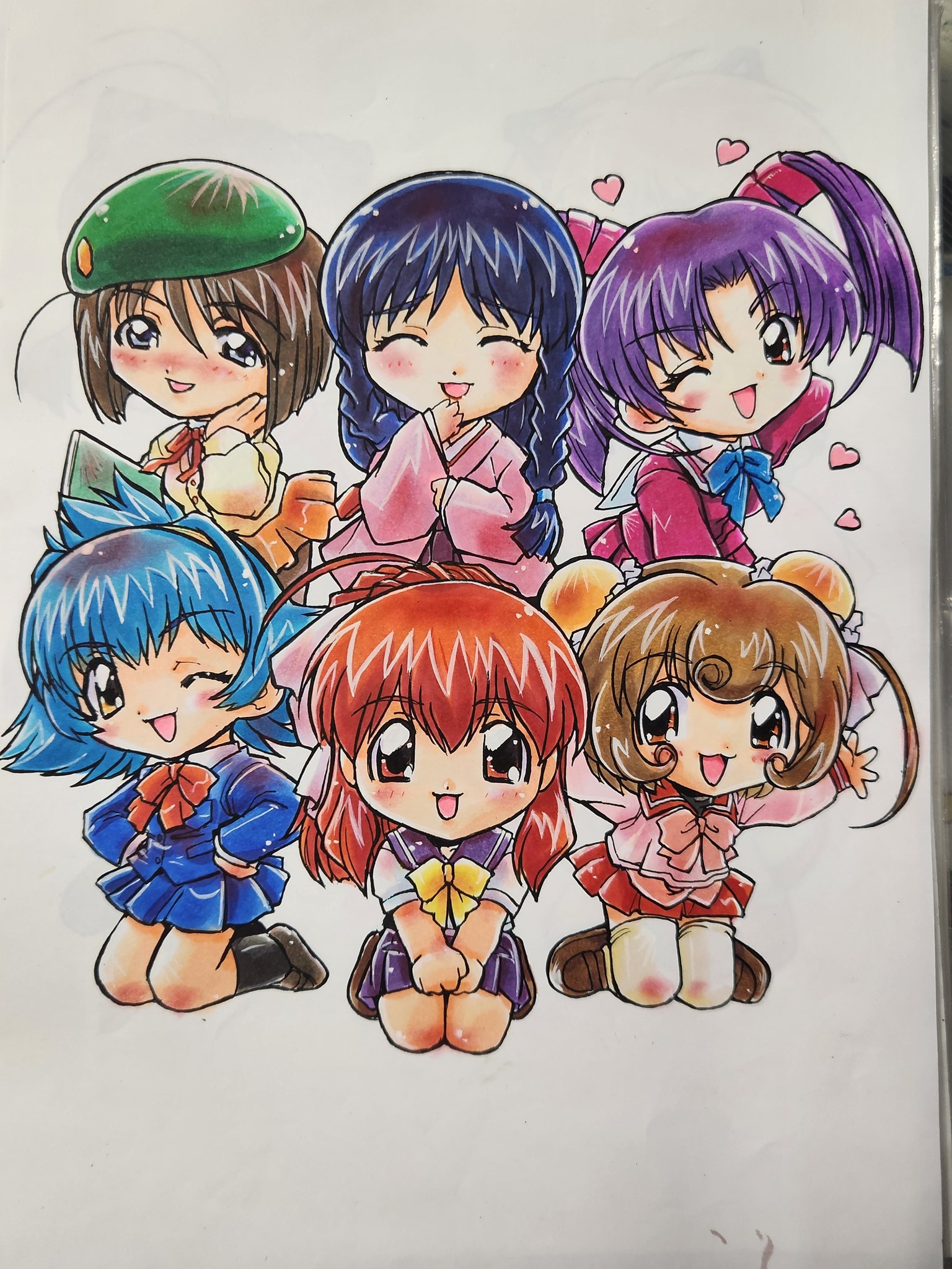 kokomahi, hamster no kurumi, hebi no yuki, inko no tsubasa, kame no ayumi, kingyo no ran, usagi no mika, tenshi no shippo, commentary request, highres, traditional media, 6+girls, ahoge, aqua hair, arm up, beret, black socks, blue bow, blue bowtie, blue eyes, blue jacket, blue sailor collar, blue skirt, bow, bowtie, braid, brown eyes, brown hair, brown shoes, bun cover, chibi, chibi only, closed eyes, double bun, green hat, hair bow, hair bun, hair ribbon, hairband, hakama, hakama skirt, hand on own cheek, hand on own face, hand up, hands on own hips, hat, heart, jacket, japanese clothes, kimono, loafers, long hair, looking at viewer, medium hair, multiple girls, neck ribbon, one eye closed, open mouth, orange eyes, orange skirt, pink bow, pink bowtie, pink kimono, pink shirt, pleated skirt, purple hair, purple serafuku, purple shirt, purple skirt, red eyes, red hair, red ribbon, red sailor collar, red skirt, ribbon, sailor collar, school uniform, serafuku, shirt, shoes, short hair, side braid, simple background, skirt, smile, socks, thighhighs, twintails, v arms, white background, white sailor collar, white shirt, white thighhighs, yellow bow, yellow bowtie, yellow eyes, yellow hairband, yellow jacket