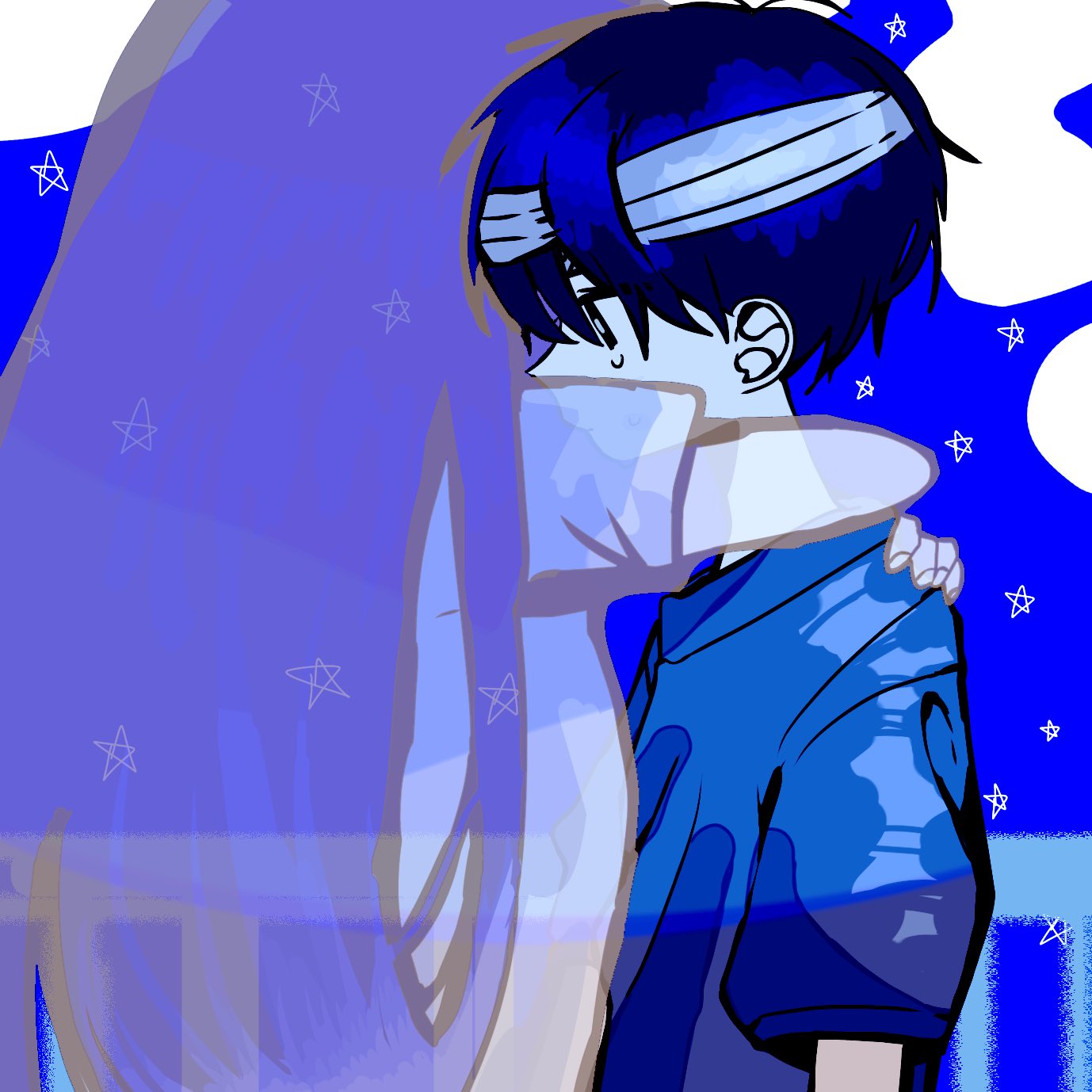 kobanzame omo, mari (omori), mari (spirit) (omori), sunny (omori), omori, commentary, english commentary, highres, spoilers, 1boy, 1girl, alternate hair color, antenna hair, arms at sides, bandaged head, bandages, black eyes, black hair, blue shirt, blue sky, bright pupils, brother and sister, closed mouth, cloud, colored skin, day, fingernails, from side, hair behind ear, hair between eyes, hand on another's shoulder, hug, long hair, male focus, official alternate costume, profile, puffy short sleeves, puffy sleeves, purple hair, railing, see-through body, shirt, short hair, short sleeves, siblings, sky, solo focus, star (sky), star (symbol), starry sky, straight hair, sunny (hospital gown) (omori), sweatdrop, upper body, very long hair, very short hair, white pupils, white shirt, white skin
