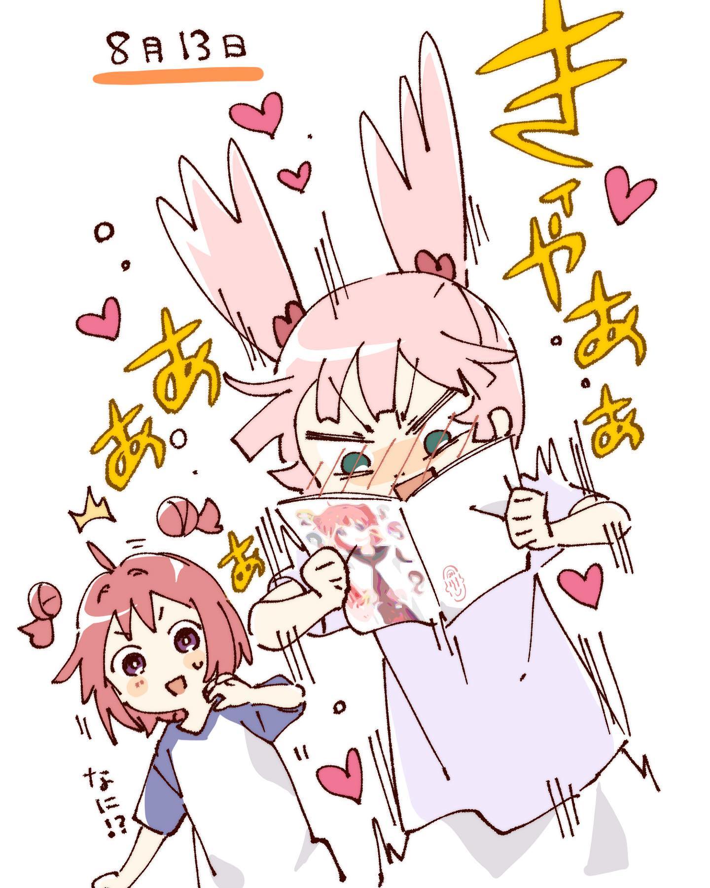 namori, akaza akari, yoshikawa chinatsu, yuruyuri, hashtag-only commentary, highres, translation request, 2girls, ^^^, ahoge, blush, blush stickers, book, cropped torso, detached hair, double bun, green eyes, hair bobbles, hair bun, hair ornament, heart, holding, holding book, multiple girls, nose blush, open book, open mouth, pink hair, purple eyes, purple shirt, shirt, short hair, short sleeves, short twintails, simple background, twintails, v-shaped eyebrows, white background