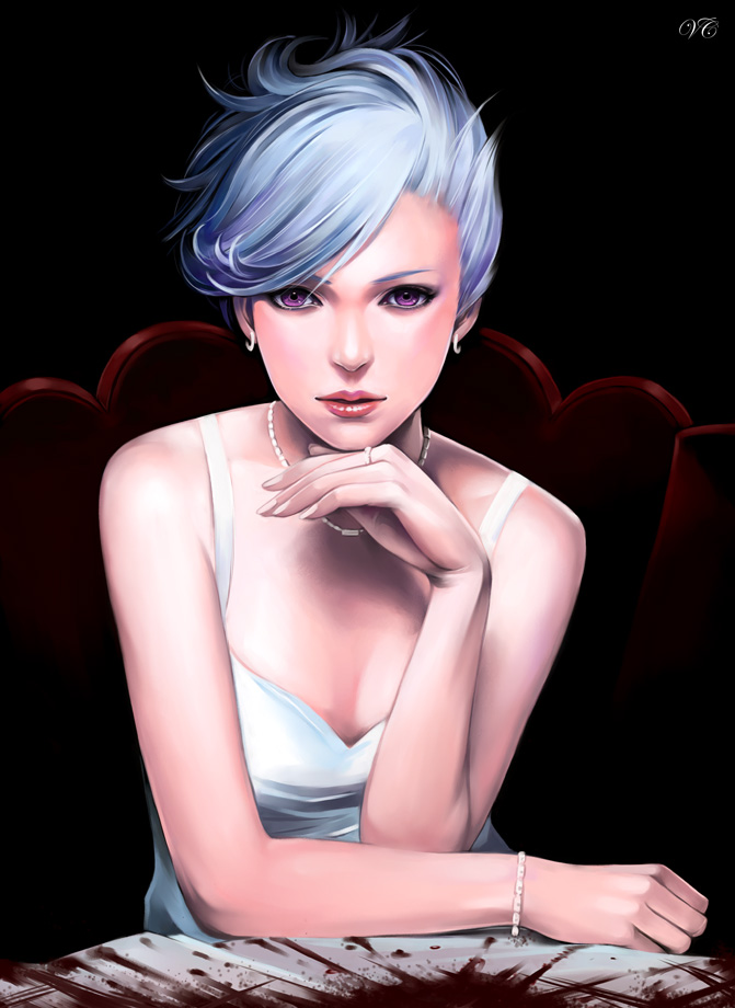 itori (clarice note), original, bad id, bad pixiv id, 1girl, blood, blue hair, bracelet, dress, earrings, female focus, jewelry, necklace, purple eyes, realistic, short hair, solo, table