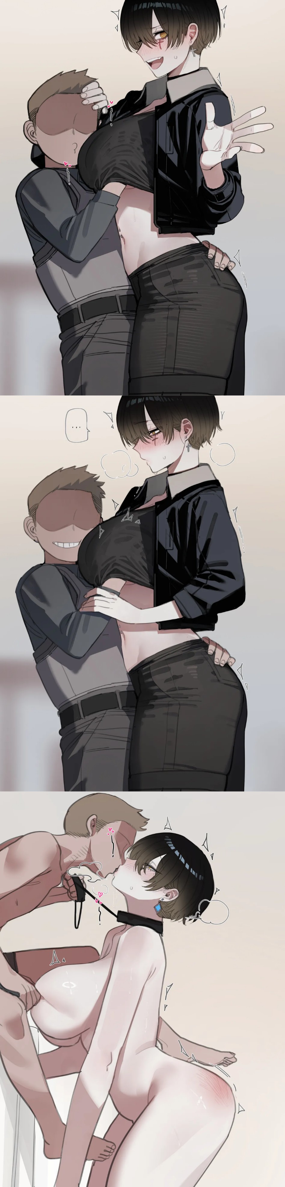 ratatatat74, original, absurdres, highres, long image, non-web source, tall image, 1boy, 1girl, all fours, arched back, ass, black collar, black hair, black leash, blush, bob cut, bottomless, breasts, brown eyes, collar, grabbing another's breast, groping, holding, holding leash, jacket, kiss, kneeling, large breasts, leash, leash pull, long sleeves, navel, nude, open mouth, pale skin, panties, pants, pet, saliva, saliva trail, shirt, short hair, sitting, slave, smile, standing, sweat, sweatdrop, teeth, thick thighs, thighhighs, thighs, tongue, topless female, underwear, wide hips, yellow eyes