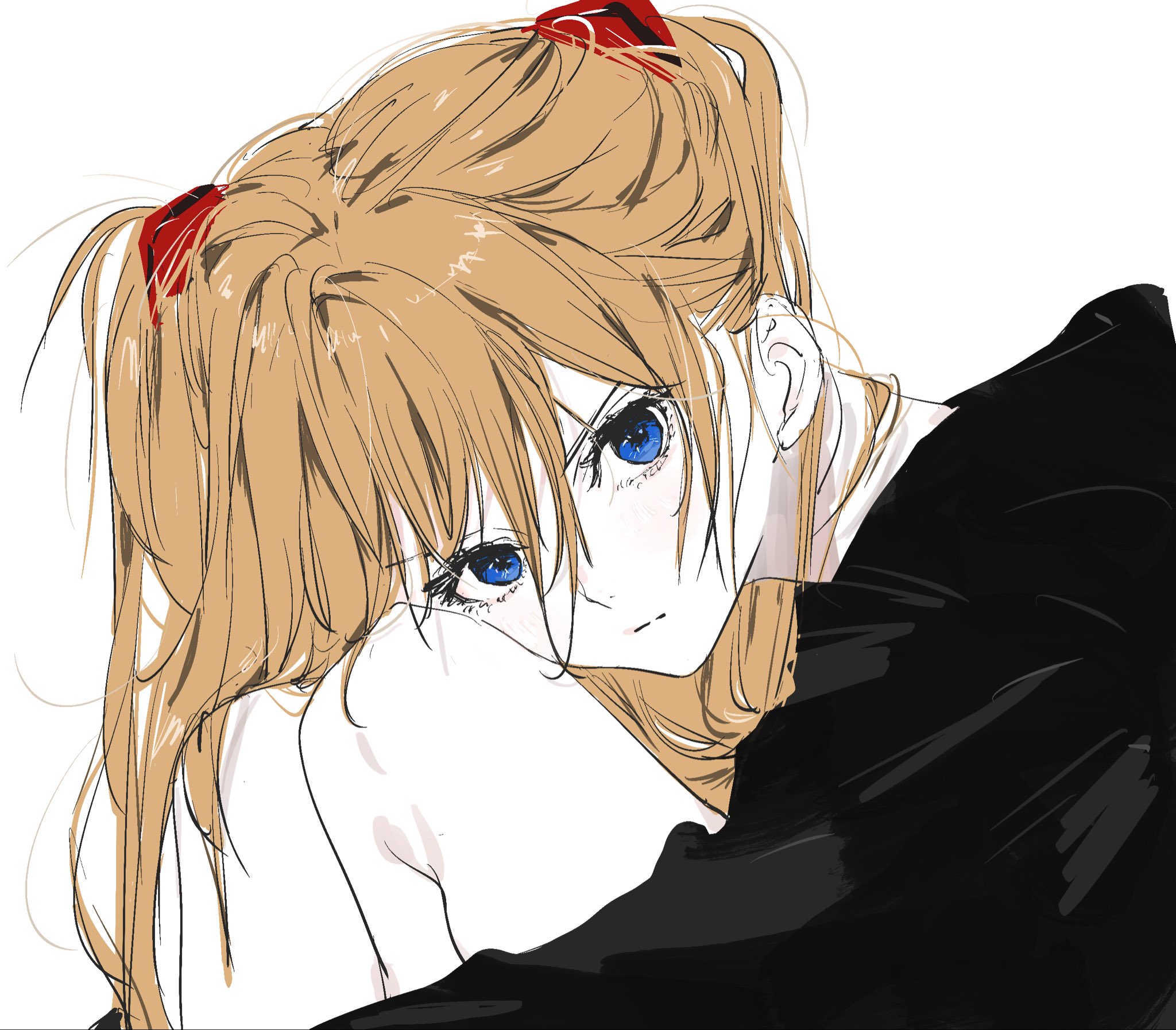 needbee r, souryuu asuka langley, neon genesis evangelion, commentary, highres, 1girl, black sweater, blue eyes, closed mouth, from side, hairpods, head on knees, legs together, long hair, looking at viewer, orange hair, simple background, sitting, solo, sweater, two side up, white background