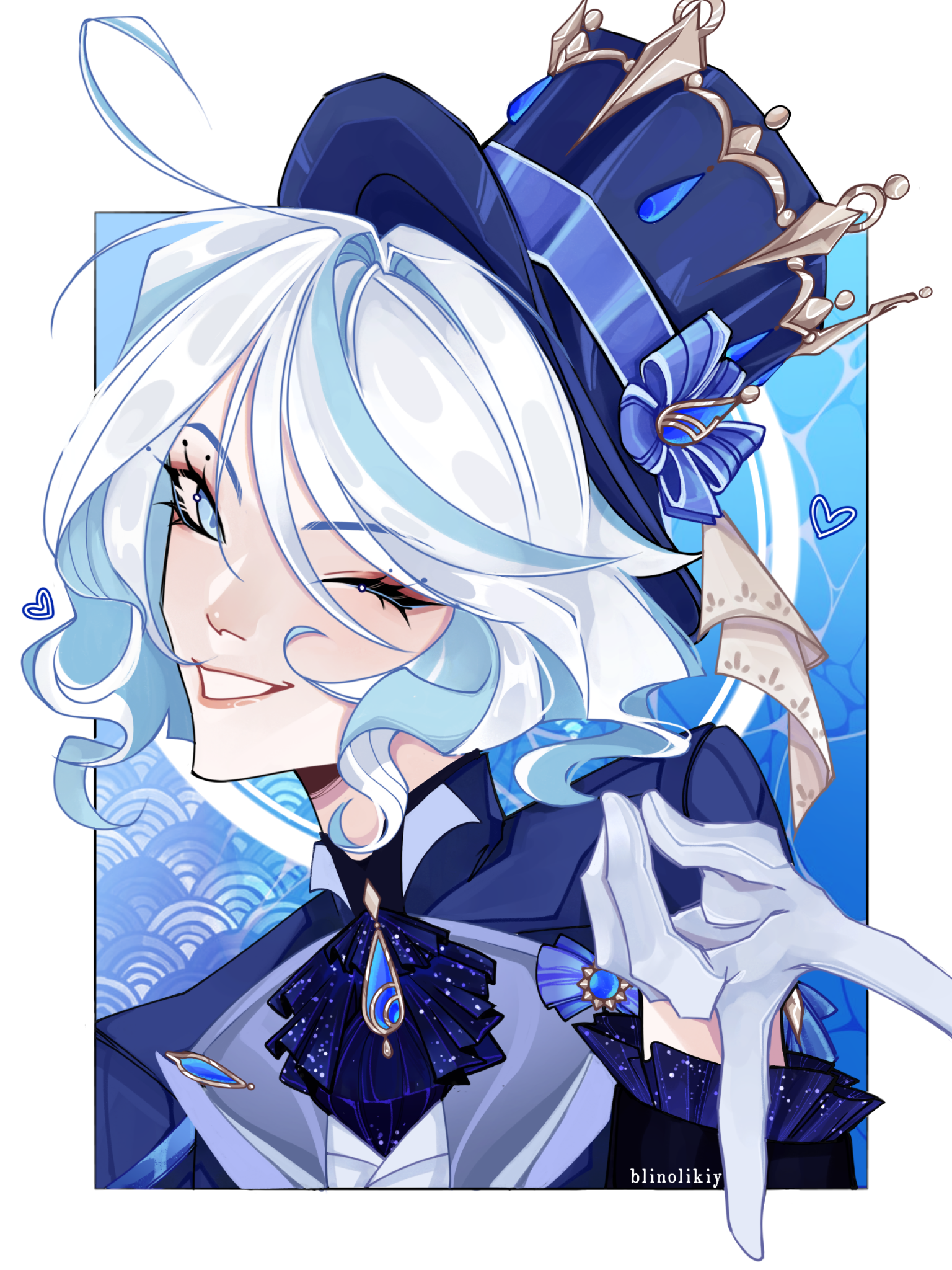 blinolikiy, furina (genshin impact), genshin impact, highres, 1girl, ahoge, aqua eyes, aqua hair, ascot, blue hat, blue jacket, gloves, gyaru v, hair between eyes, hat, jacket, looking at viewer, multicolored hair, one eye closed, portrait, short hair, smile, solo, teeth, top hat, two-tone hair, v, white hair