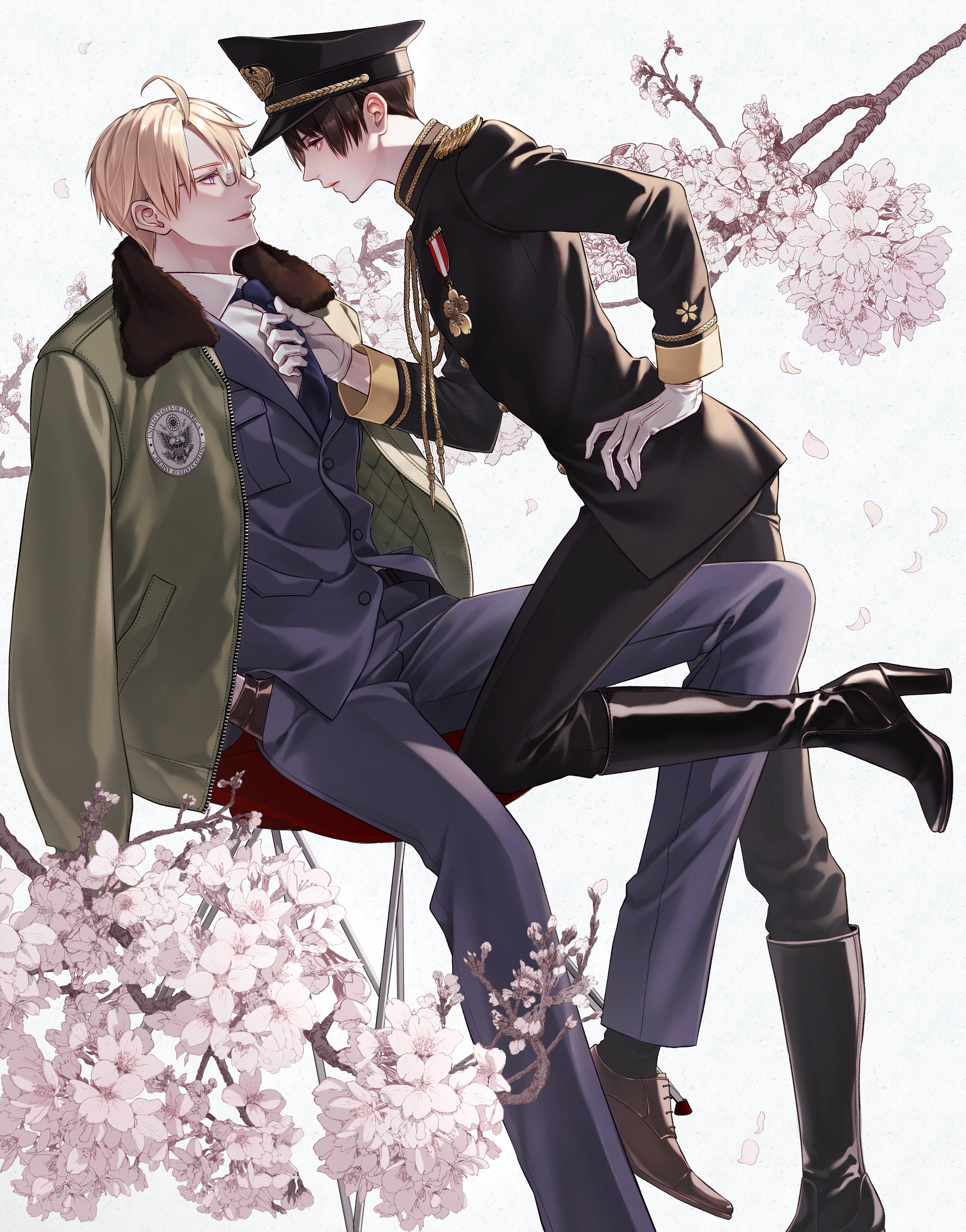npyon, america (hetalia), japan (hetalia), axis powers hetalia, absurdres, commentary request, highres, 2boys, ahoge, aiguillette, black-framed eyewear, black boots, black gloves, black hair, black hat, black jacket, black pants, black socks, blonde hair, blue eyes, blue jacket, blue necktie, blue pants, boots, branch, breast pocket, brown shoes, buttons, cherry blossoms, closed mouth, clothes grab, collared shirt, emblem, epaulettes, feet out of frame, floral background, flower, fur-trimmed jacket, fur trim, glasses, gloves, green jacket, hair between eyes, half-closed eyes, hand in pocket, hand on own hip, hat, high heel boots, high heels, imperial japanese army, jacket, kikkoumon, lapels, leather, leather gloves, long sleeves, looking at another, male focus, medal, military hat, military jacket, military uniform, multiple boys, necktie, neckwear grab, open clothes, open jacket, open mouth, orange eyes, pants, peaked cap, pink flower, pocket, puffy long sleeves, puffy sleeves, semi-rimless eyewear, shirt, shoes, short hair, sitting, smile, socks, standing, standing on one leg, white background, white gloves, white shirt, yaoi