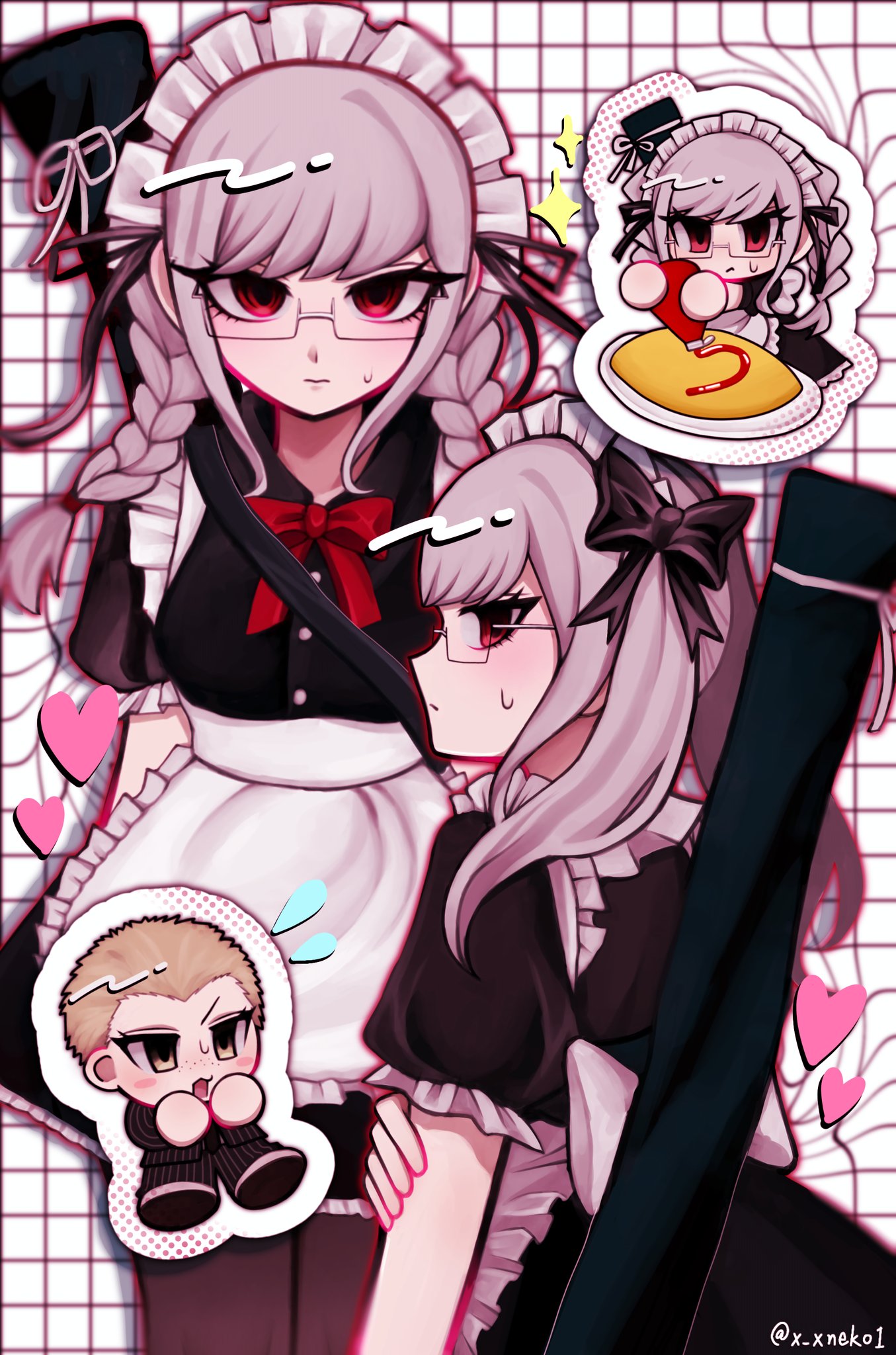 chino 11141, kuzuryu fuyuhiko, pekoyama peko, danganronpa (series), danganronpa 2: goodbye despair, highres, translation request, 1boy, 1girl, apron, black dress, black jacket, black pants, blonde hair, bow, bowtie, braid, dress, food, glasses, grey hair, heart, jacket, ketchup, ketchup bottle, long hair, maid headdress, omelet, omurice, pants, pantyhose, red bow, red bowtie, red eyes, short hair, striped clothes, striped jacket, striped pants, twin braids, twintails, waist apron, white apron, white background