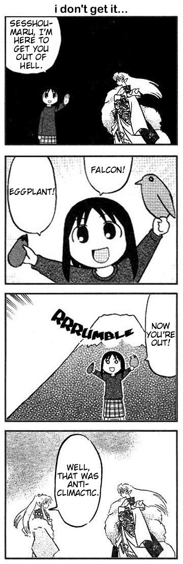 kasuga ayumu, sesshoumaru, sesshoumaru's mother, azumanga daiou, inuyasha, long image, tall image, 1boy, 2girls, 4koma, comic, crossover, english text, greyscale, hatsuyume, monochrome, mother and son, multiple girls, parody, what