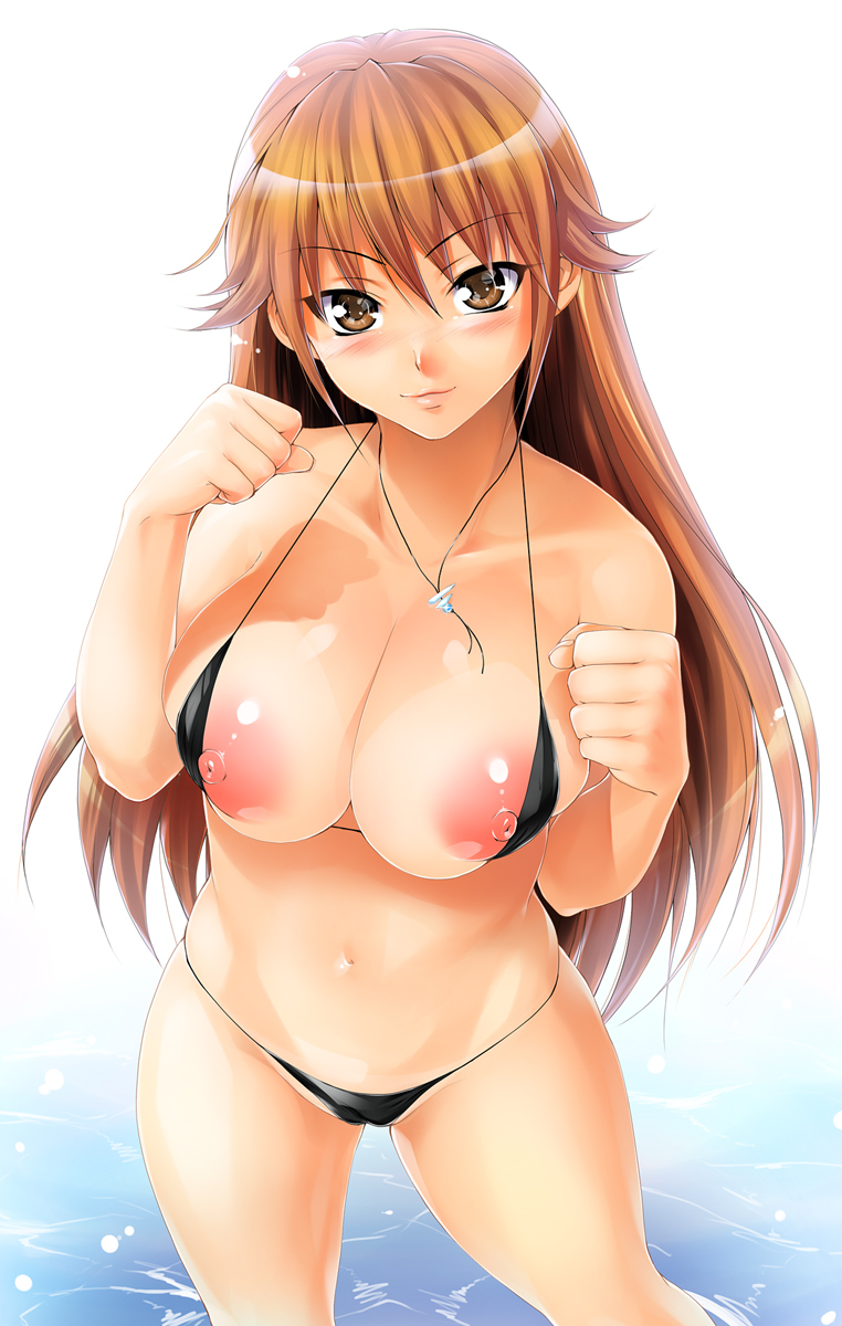 shinozuka jouji, kitaooji satsuki, ichigo 100%, highres, 00s, 1girl, :3, bikini, bikini pull, bikini tan, black bikini, blush, breasts, breasts squeezed together, brown eyes, brown hair, bursting breasts, cameltoe, clenched hand, clenched hands, clothes pull, curvy, female focus, hair flaps, jewelry, large areolae, large breasts, long hair, looking at viewer, micro bikini, necklace, nipples, partially visible vulva, shiny skin, smile, solo, swimsuit, tan, tanline, wading, water
