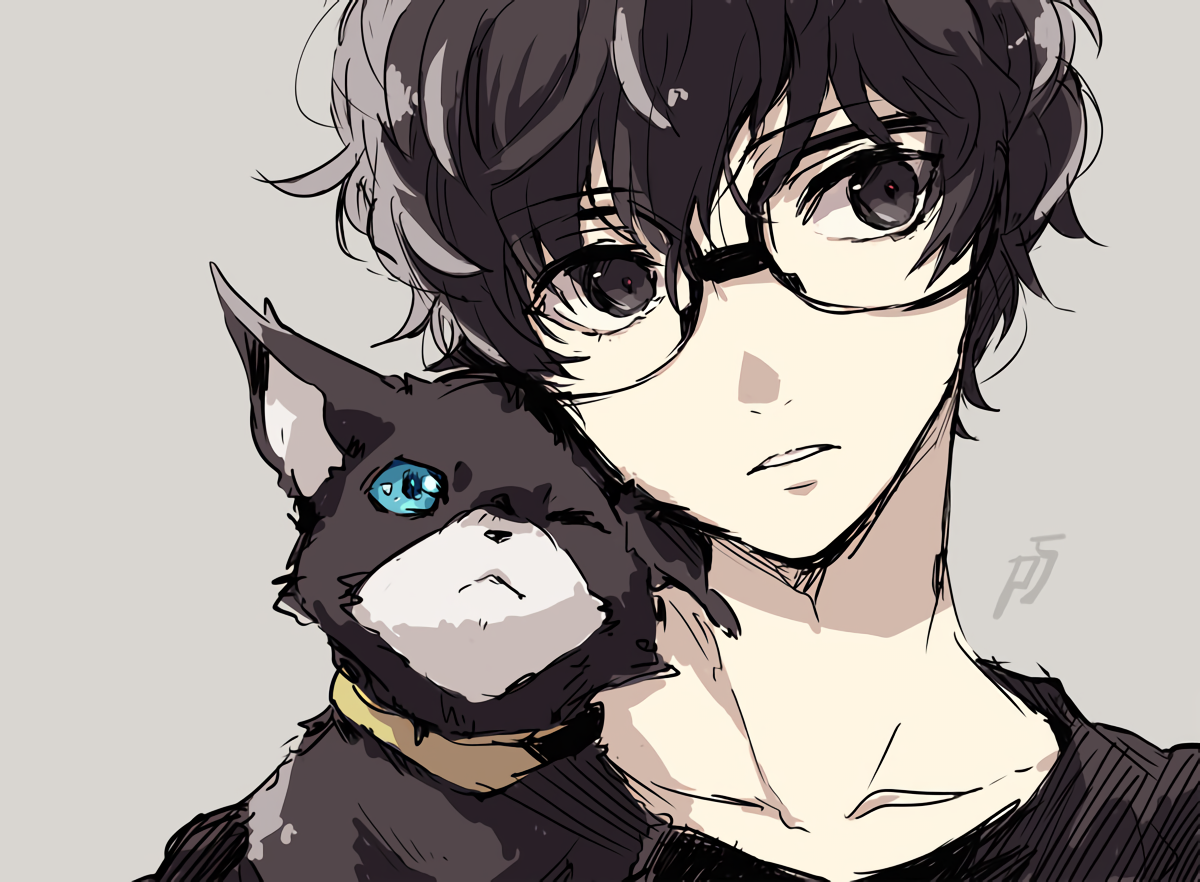 asuna (doruru-mon), amamiya ren, morgana (persona 5), persona, persona 5, bad source, 1boy, black cat, black eyes, black hair, black shirt, blue eyes, cat, collarbone, curly hair, eyes visible through hair, glasses, grey background, hair over eyes, looking at another, looking to the side, male focus, one eye closed, parted lips, portrait, shirt, short hair, simple background