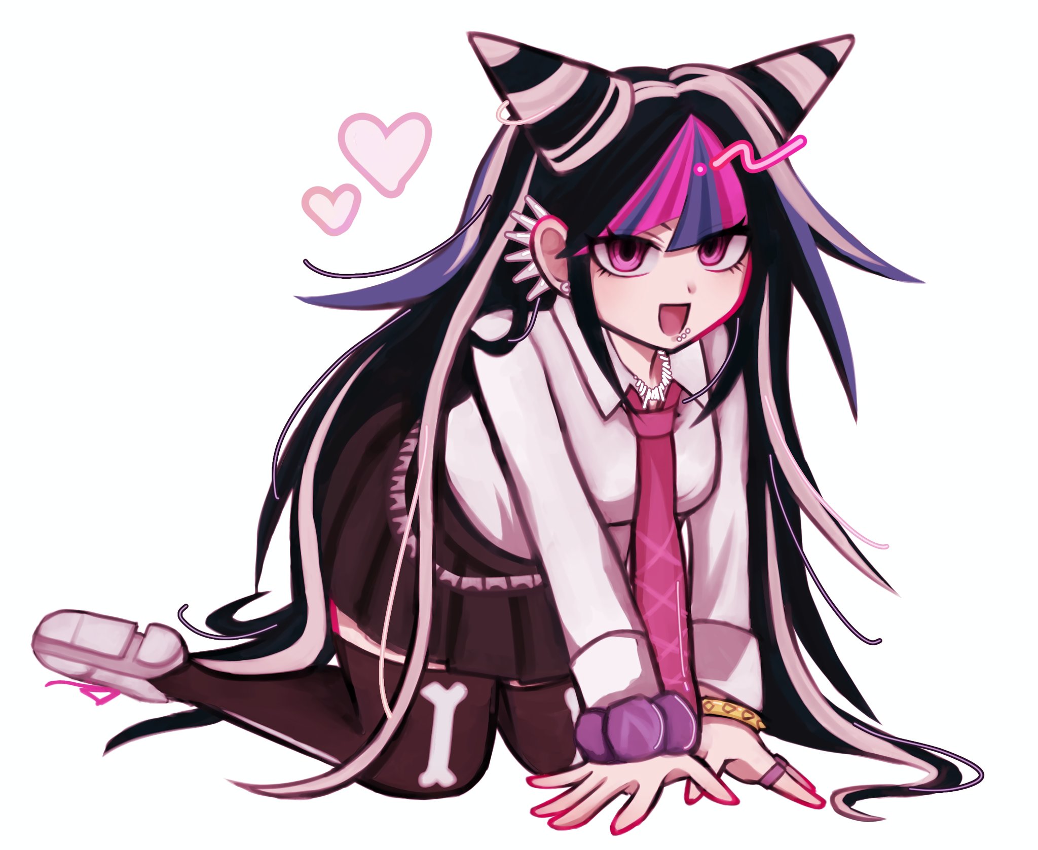 chino 11141, mioda ibuki, danganronpa (series), danganronpa 2: goodbye despair, highres, 1girl, :d, all fours, black hair, blue hair, ear piercing, face piercing, hair horns, heart, jewelry, long hair, looking at viewer, multicolored hair, open mouth, piercing, pink eyes, pink hair, scrunchie, shirt, shoes, short sleeves, simple background, skirt, smile, solo, thighhighs, white background, white hair, wrist scrunchie