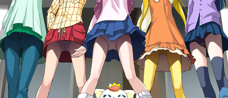 haruyama kazunori, akimoto komachi, coco (precure 5), coco (yes! precure 5), kasugano urara (yes! precure 5), minazuki karen, natsuki rin, yumehara nozomi, precure, yes! precure 5, 00s, 5girls, black panties, black thighhighs, blonde hair, blue hair, cameltoe, denim, dress, from below, head out of frame, jeans, lineup, long hair, multiple girls, no panties, open fly, panties, pants, pantyhose, pantyshot, pink panties, pubic hair, skirt, socks, thighhighs, twintails, underwear, unzipped, upskirt, yellow pantyhose